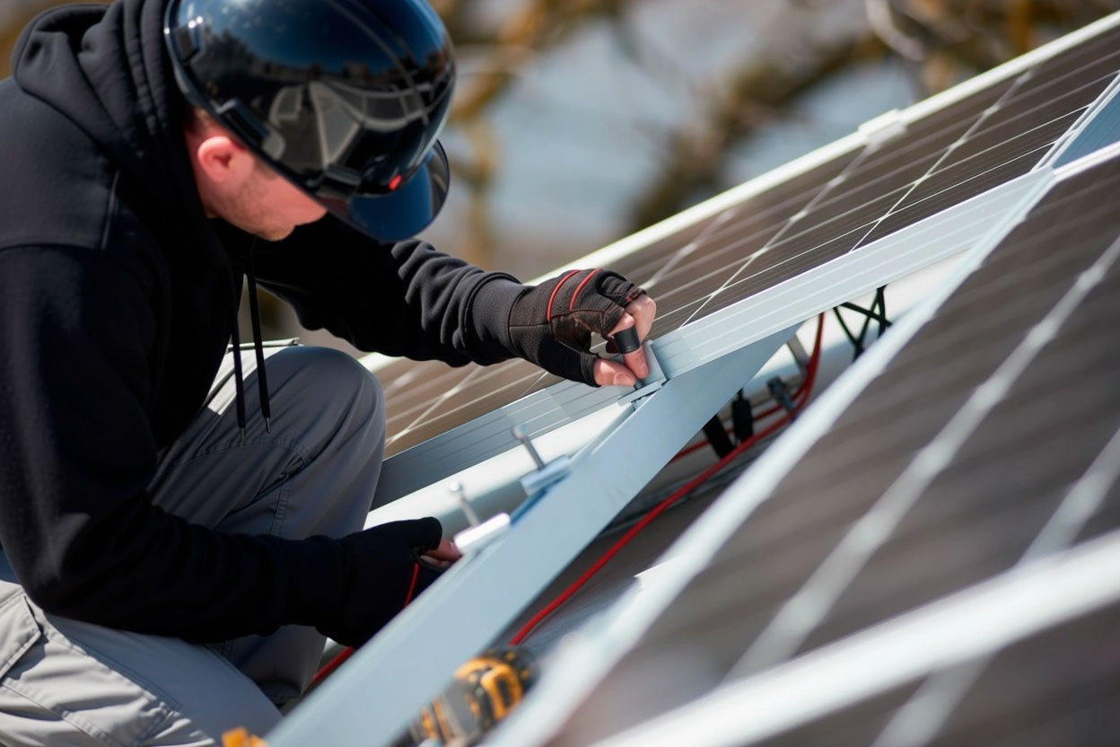 Person wearing a black helmet and gloves working on installing solar panels outdoors.