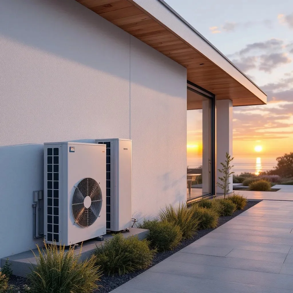 Modern house exterior with outdoor air source heat pump, sunset view, patio, and landscaped plants.