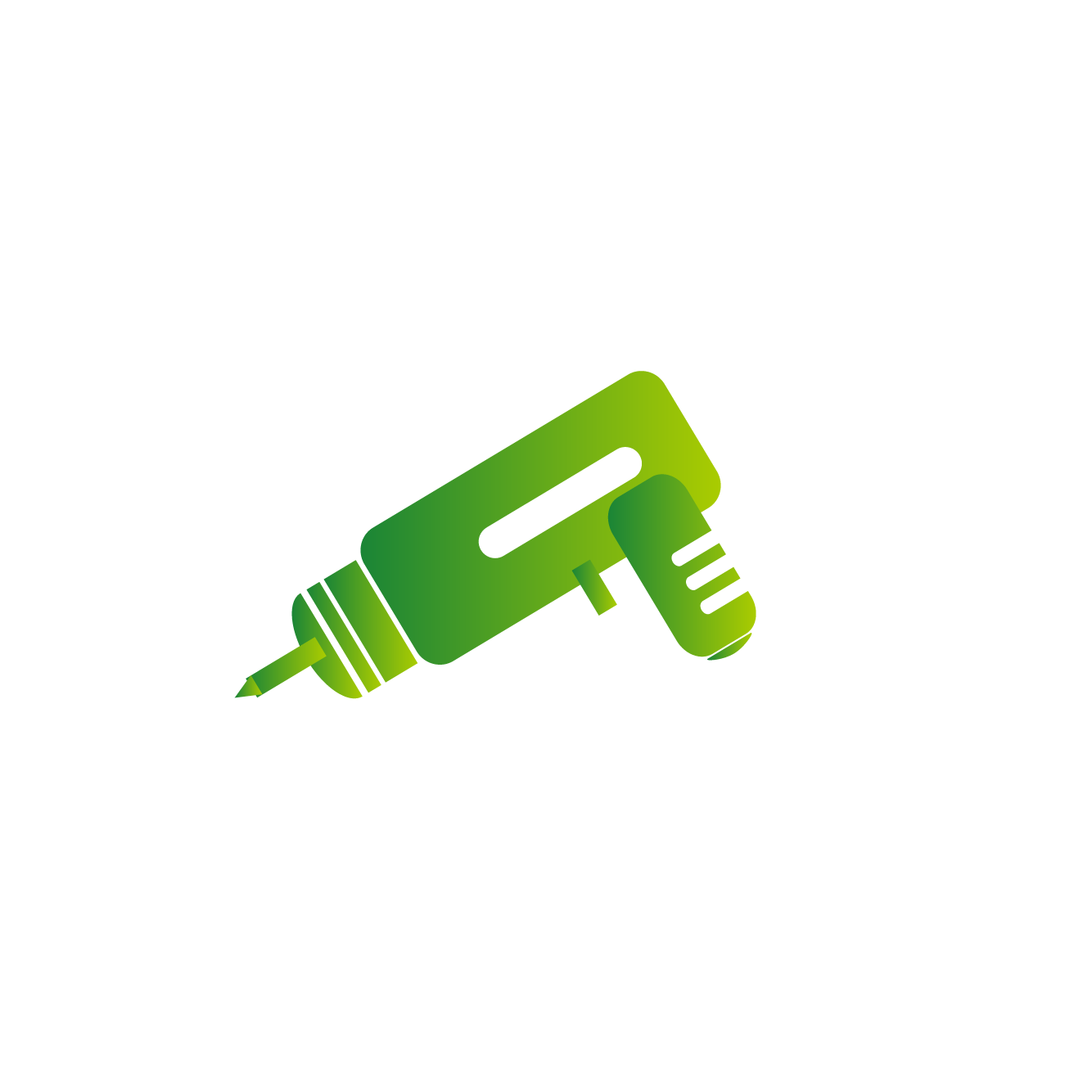 Green illustration of a cordless electric drill inside a white circle on a black background.
