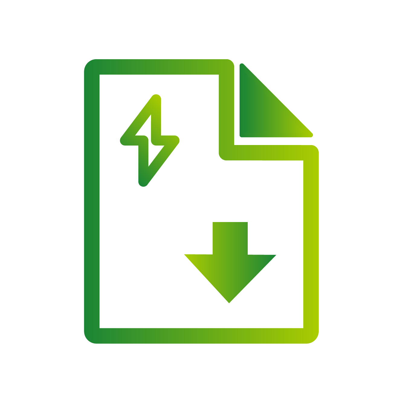 Green gradient document icon of an energy bill and a down arrow showing they have decreased.