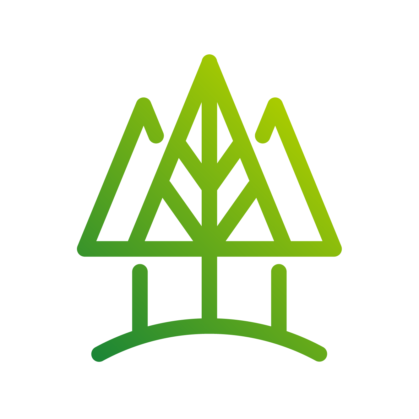 Stylized green outline of a tree with a triangular shape, standing on a curved base.