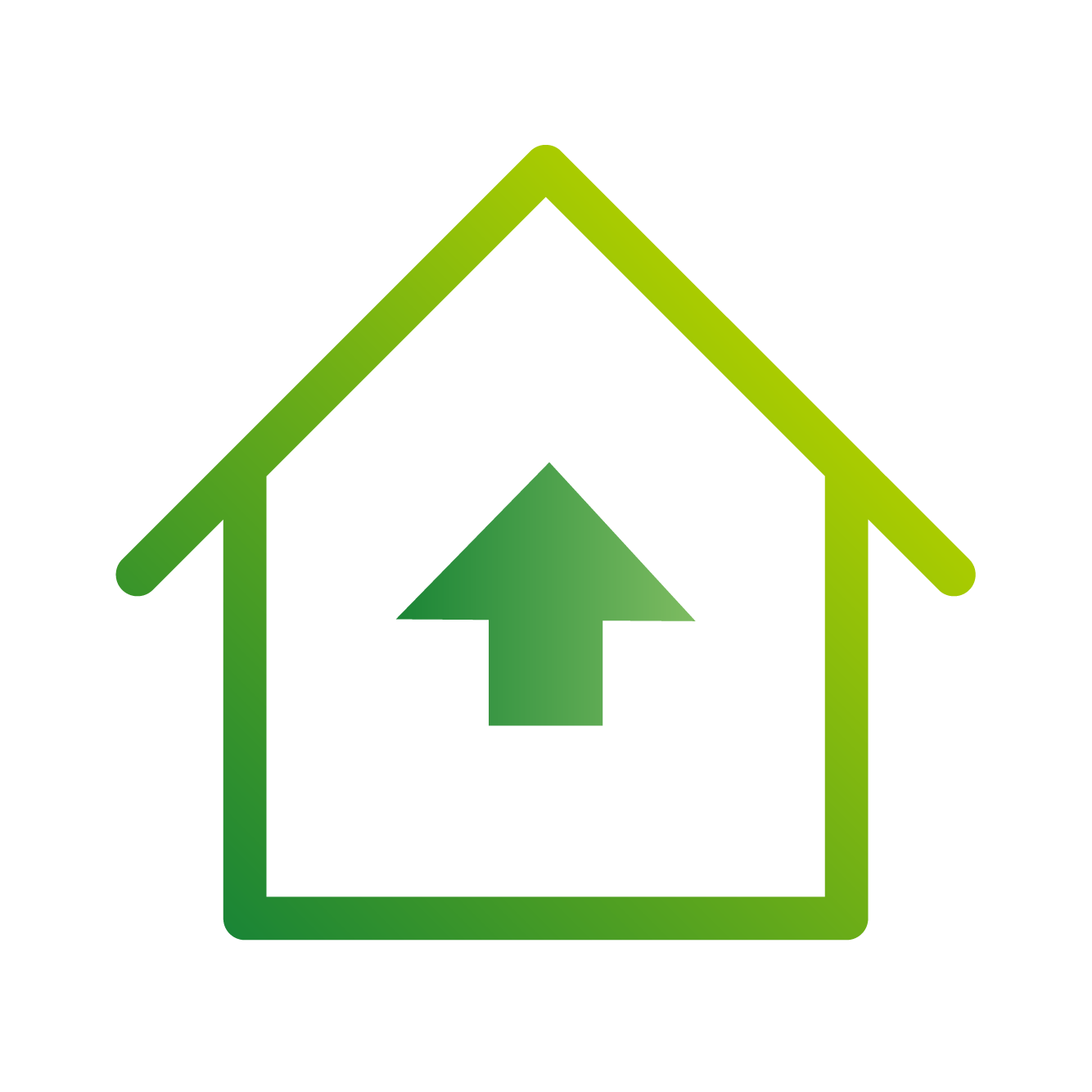 Green house icon with an upward arrow integrated into its shape