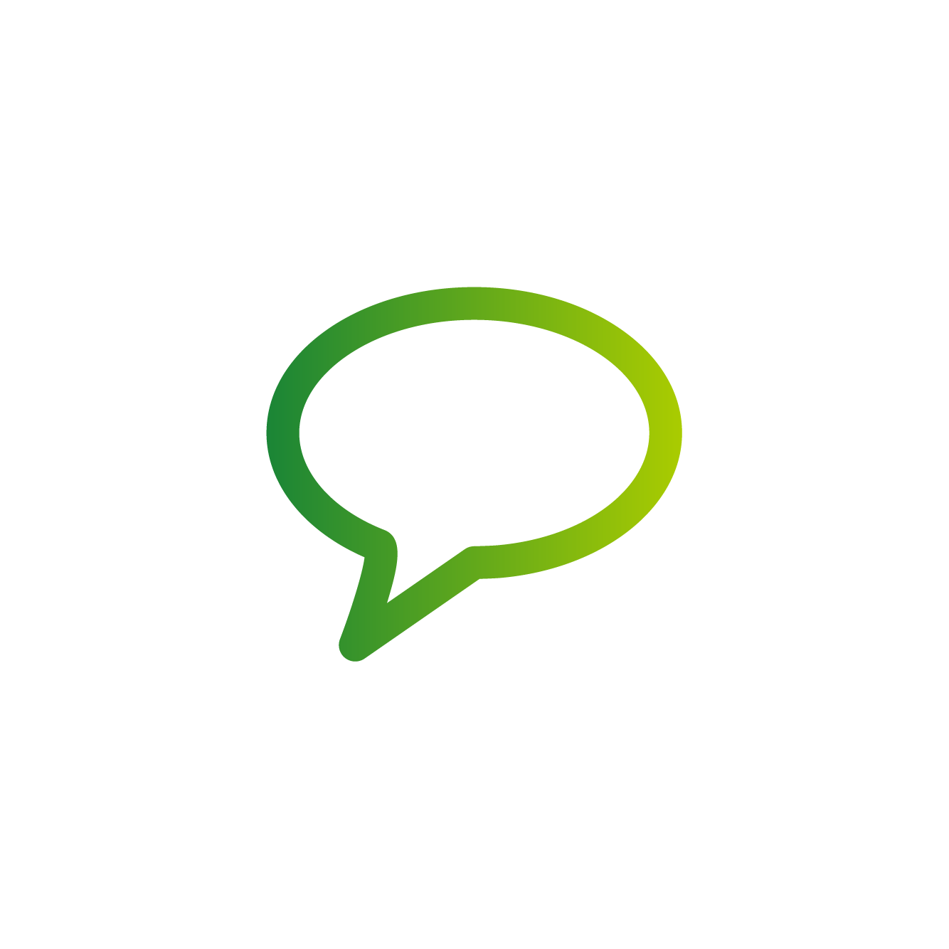 Green speech bubble icon inside a white circle on a black background.