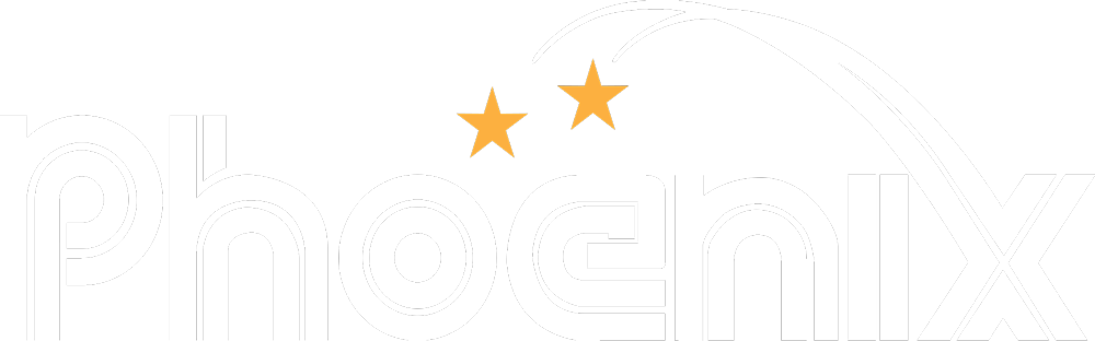 Logo with the word 'Phoenix' in stylized white text on a black background, featuring three gold stars above the 'e' and 'n', and a curved white line extending from the right side of the logo.