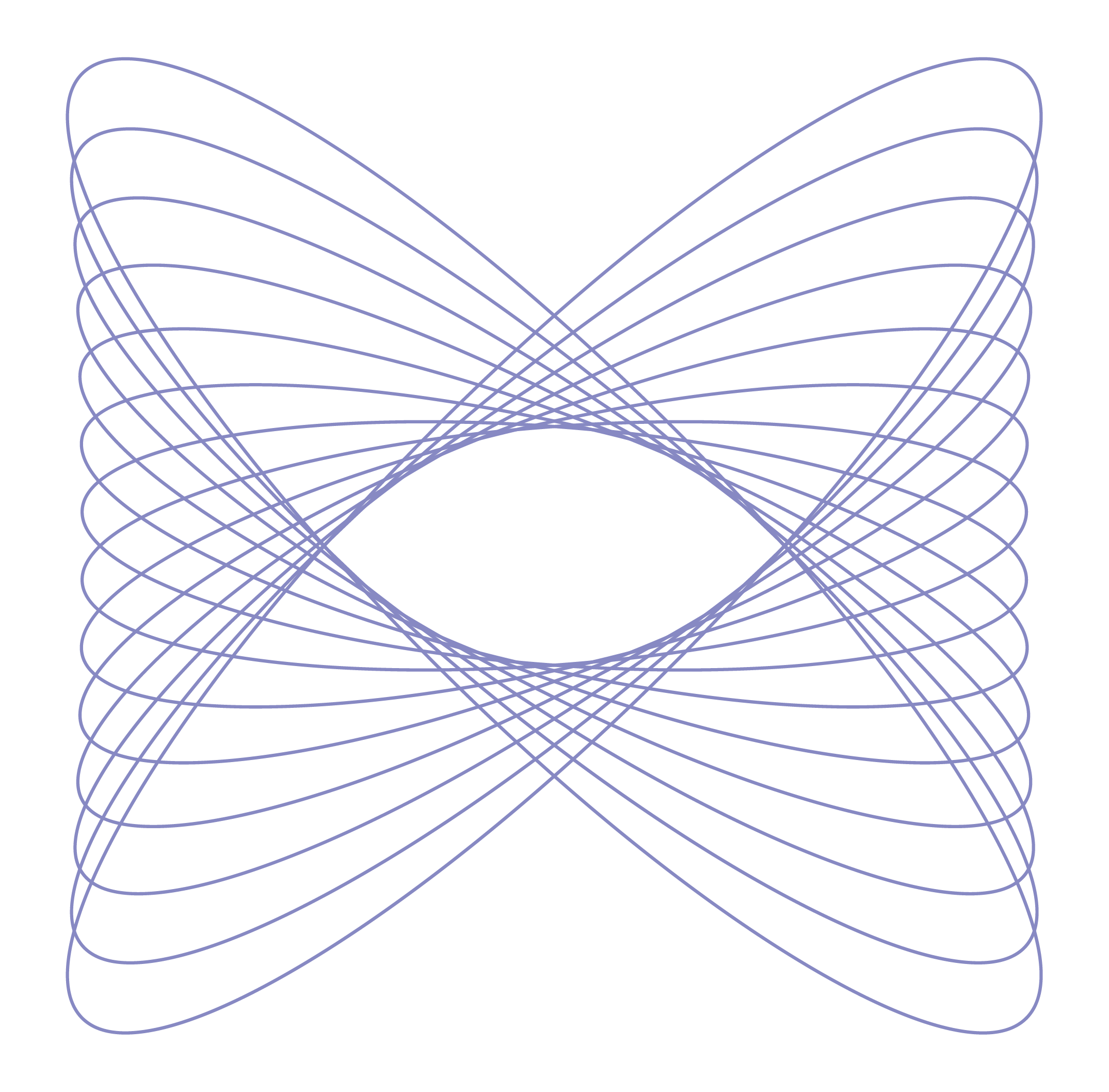 A digital geometric design featuring intersecting purple lines on a black background, forming an eye-shaped pattern with intricate overlapping curves.