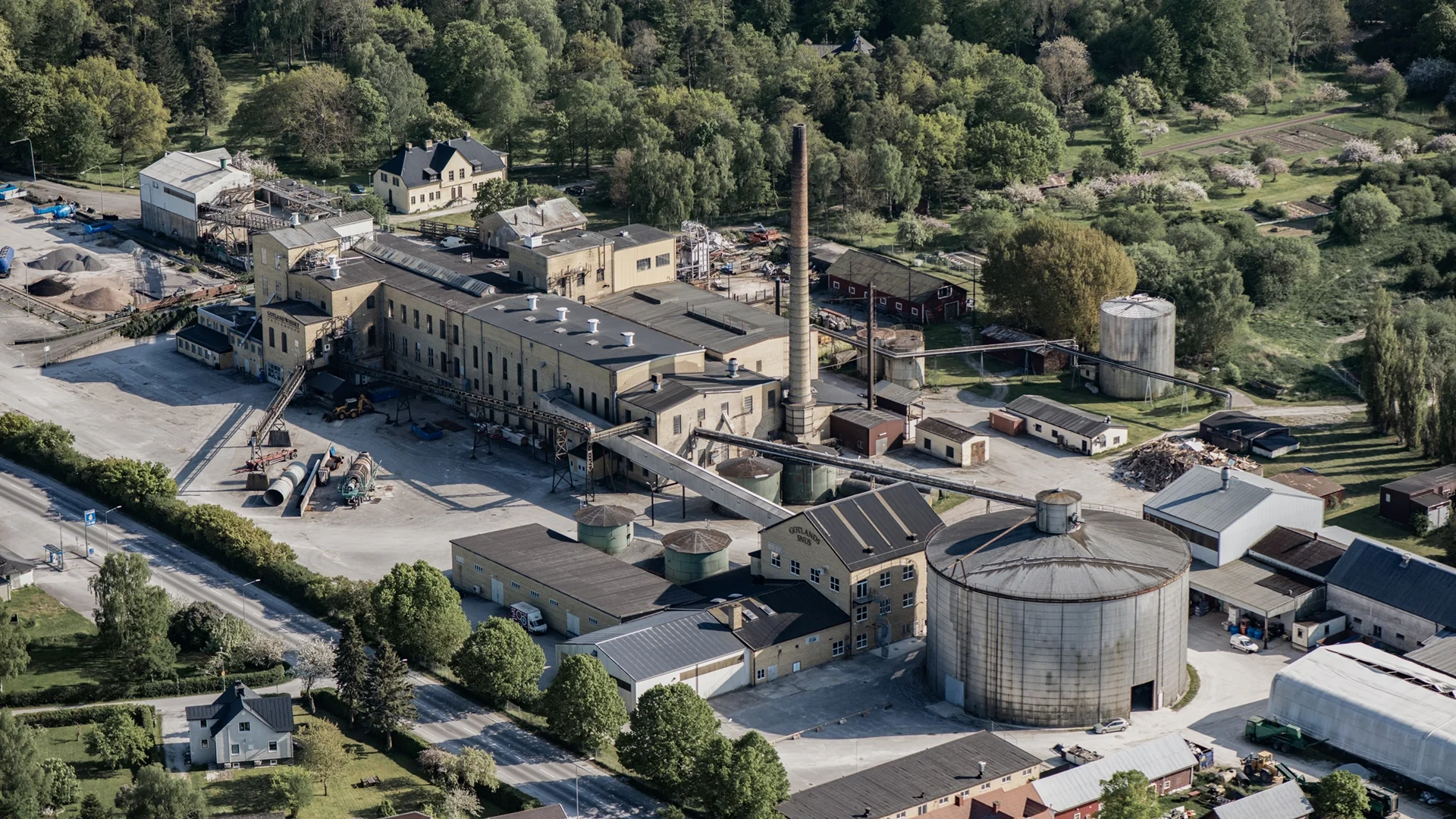 Film location in Gotland - aerial view of old factory in the countryside.