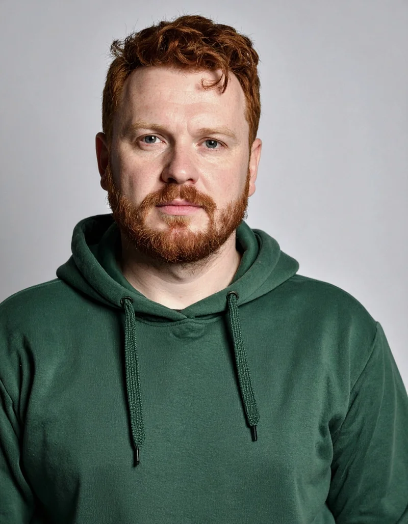 gotland pictures film casting - a man with red hair and beard looking in to the camera. He wears a green hoodie