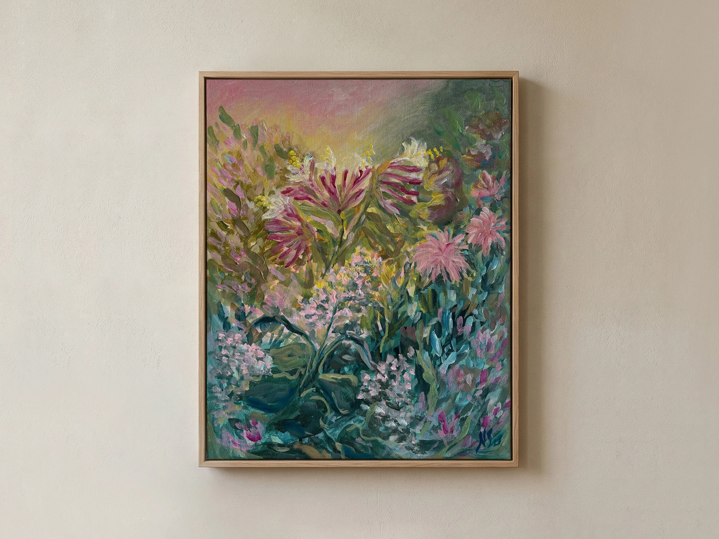 Betaalbare kunst Moderne kunst Interieur Wanddecoratie Unieke kunst Deventer kunstenaar Interieur tips Nieuwbouw Gezellige interieur VTWonen Bloemen moderne kunst roze schilderij floral painting modern