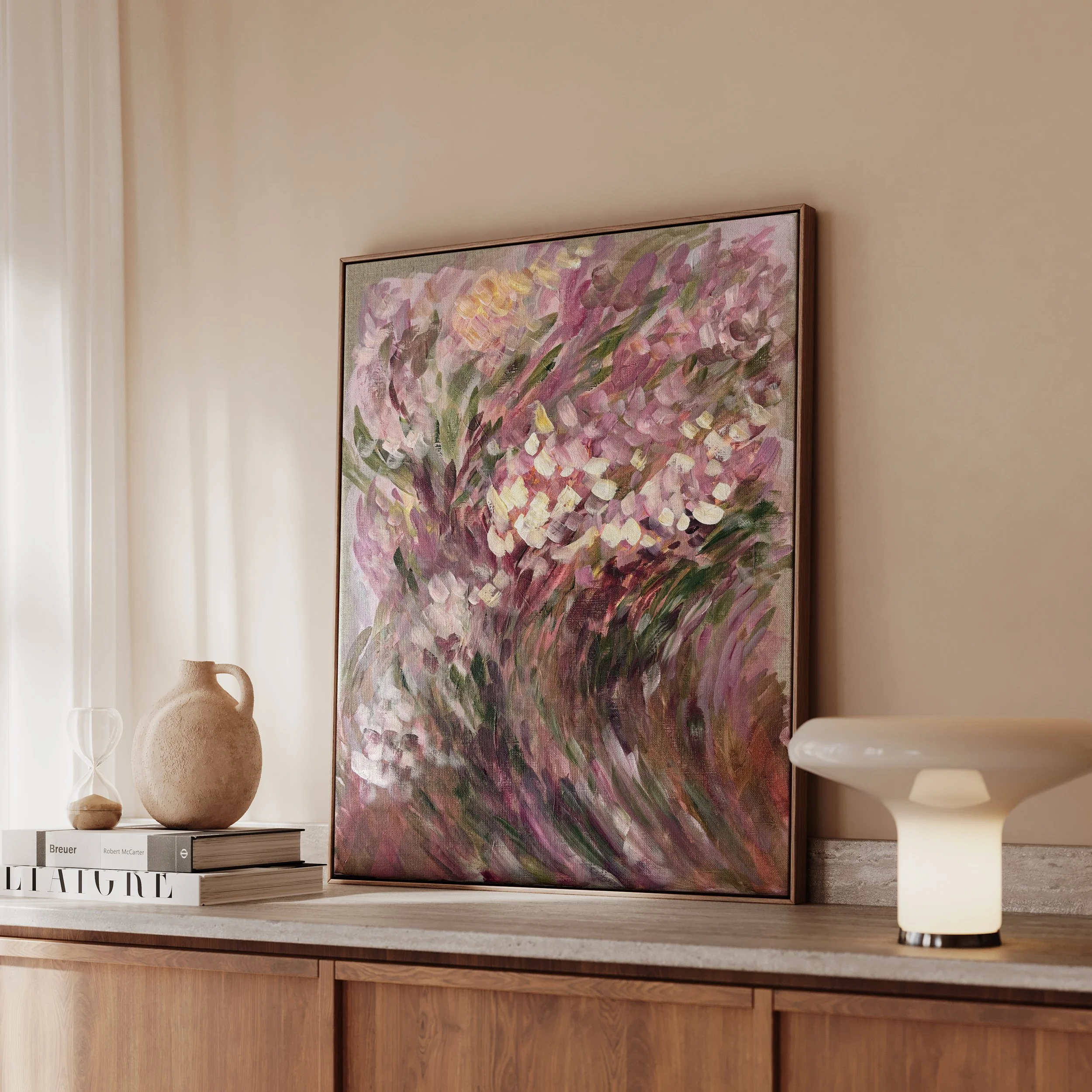 Betaalbare kunst Moderne kunst Interieur Wanddecoratie Unieke kunst Deventer kunstenaar Interieur tips Nieuwbouw Gezellige interieur VTWonen Bloemen moderne kunst roze schilderij floral painting modern