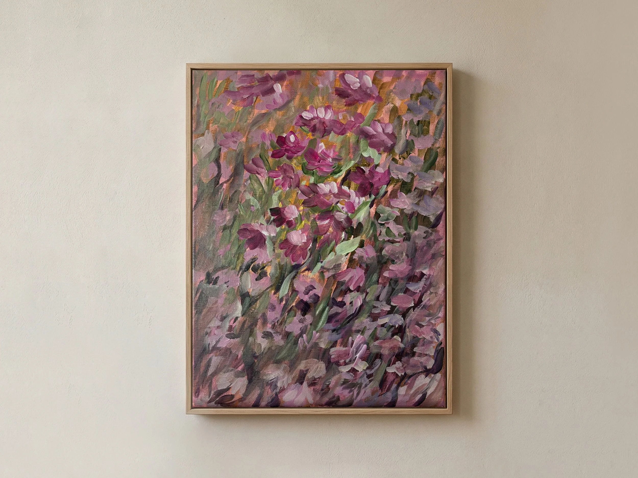 Betaalbare kunst Moderne kunst Interieur Wanddecoratie Unieke kunst Deventer kunstenaar Interieur tips Nieuwbouw Gezellige interieur VTWonen Bloemen moderne kunst roze schilderij floral painting modern
