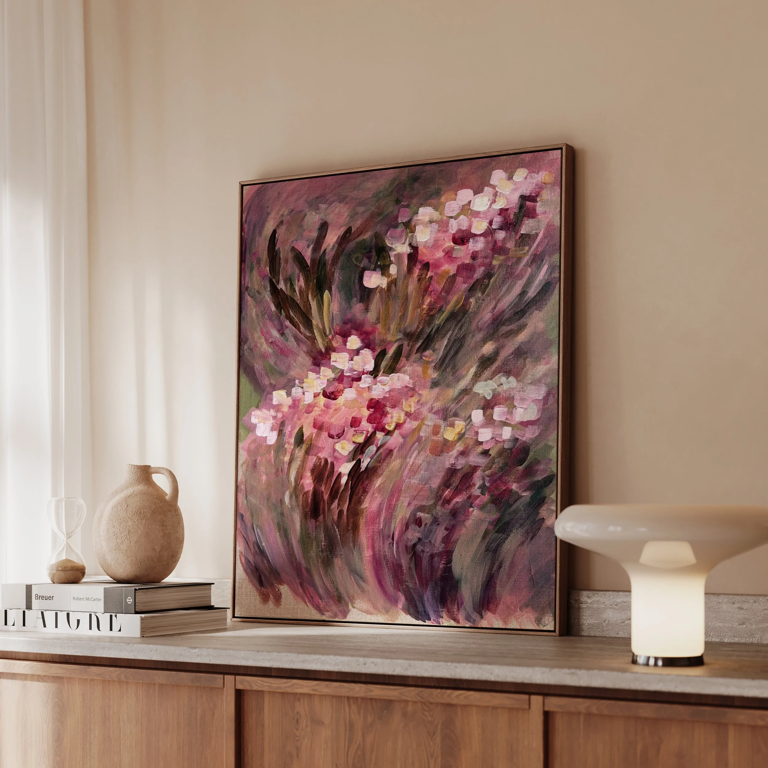Betaalbare kunst Moderne kunst Interieur Wanddecoratie Unieke kunst Deventer kunstenaar Interieur tips Nieuwbouw Gezellige interieur VTWonen Bloemen moderne kunst roze schilderij floral painting modern