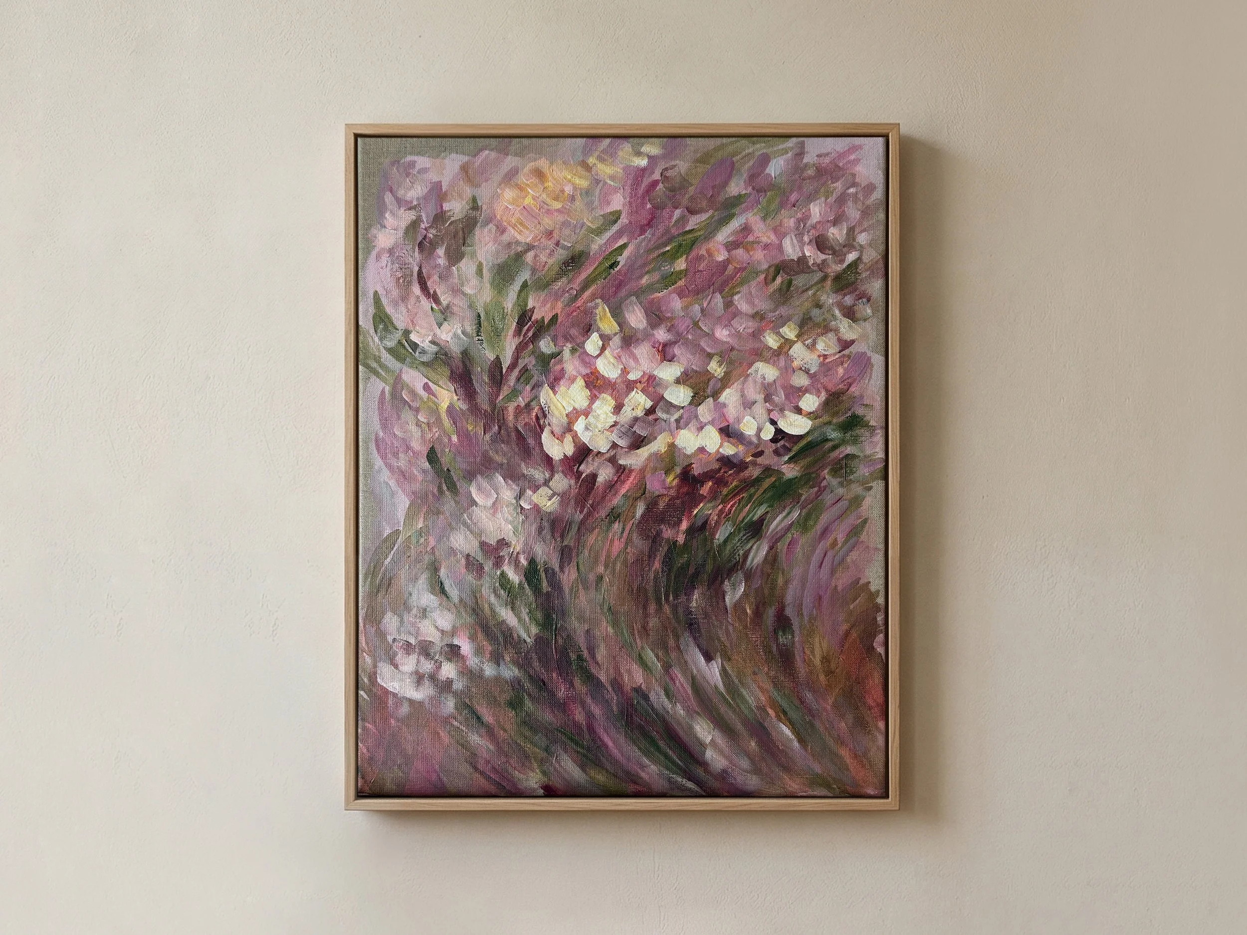 Betaalbare kunst Moderne kunst Interieur Wanddecoratie Unieke kunst Deventer kunstenaar Interieur tips Nieuwbouw Gezellige interieur VTWonen Bloemen moderne kunst roze schilderij floral painting modern