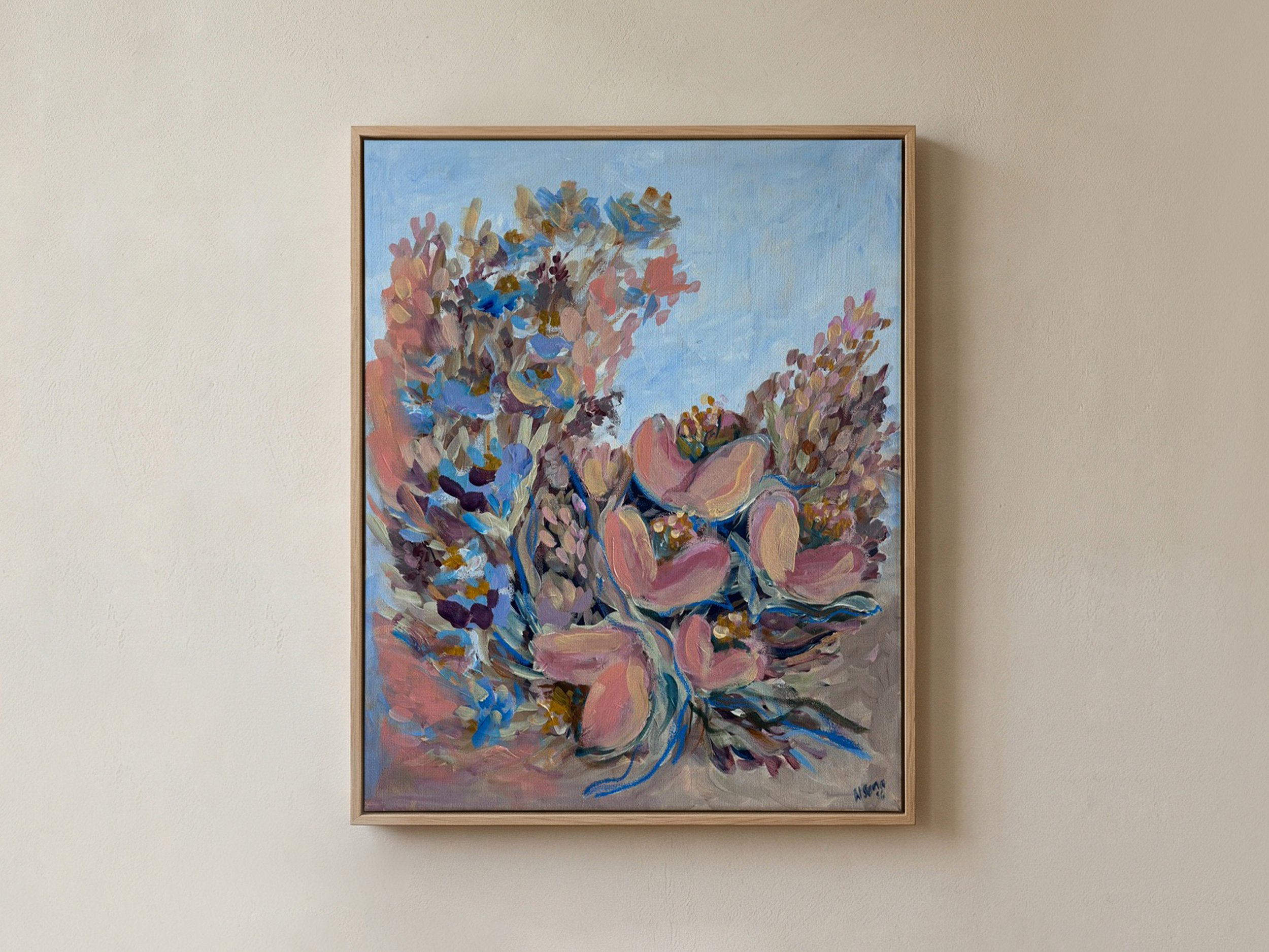 Betaalbare kunst Moderne kunst Interieur Wanddecoratie Unieke kunst Deventer kunstenaar Interieur tips Nieuwbouw Gezellige interieur VTWonen Bloemen moderne kunst roze schilderij floral painting modern