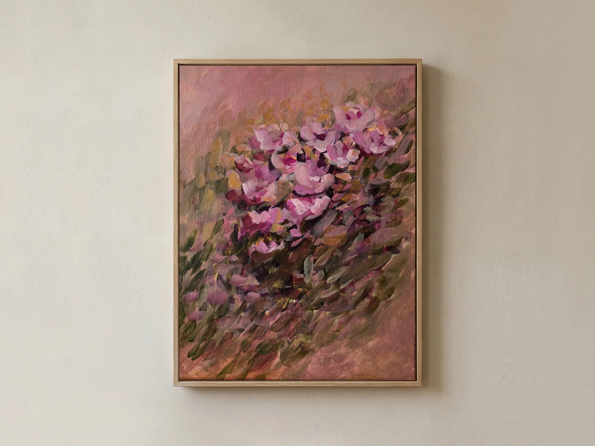 Betaalbare kunst Moderne kunst Interieur Wanddecoratie Unieke kunst Deventer kunstenaar Interieur tips Nieuwbouw Gezellige interieur VTWonen Bloemen moderne kunst roze schilderij floral painting modern