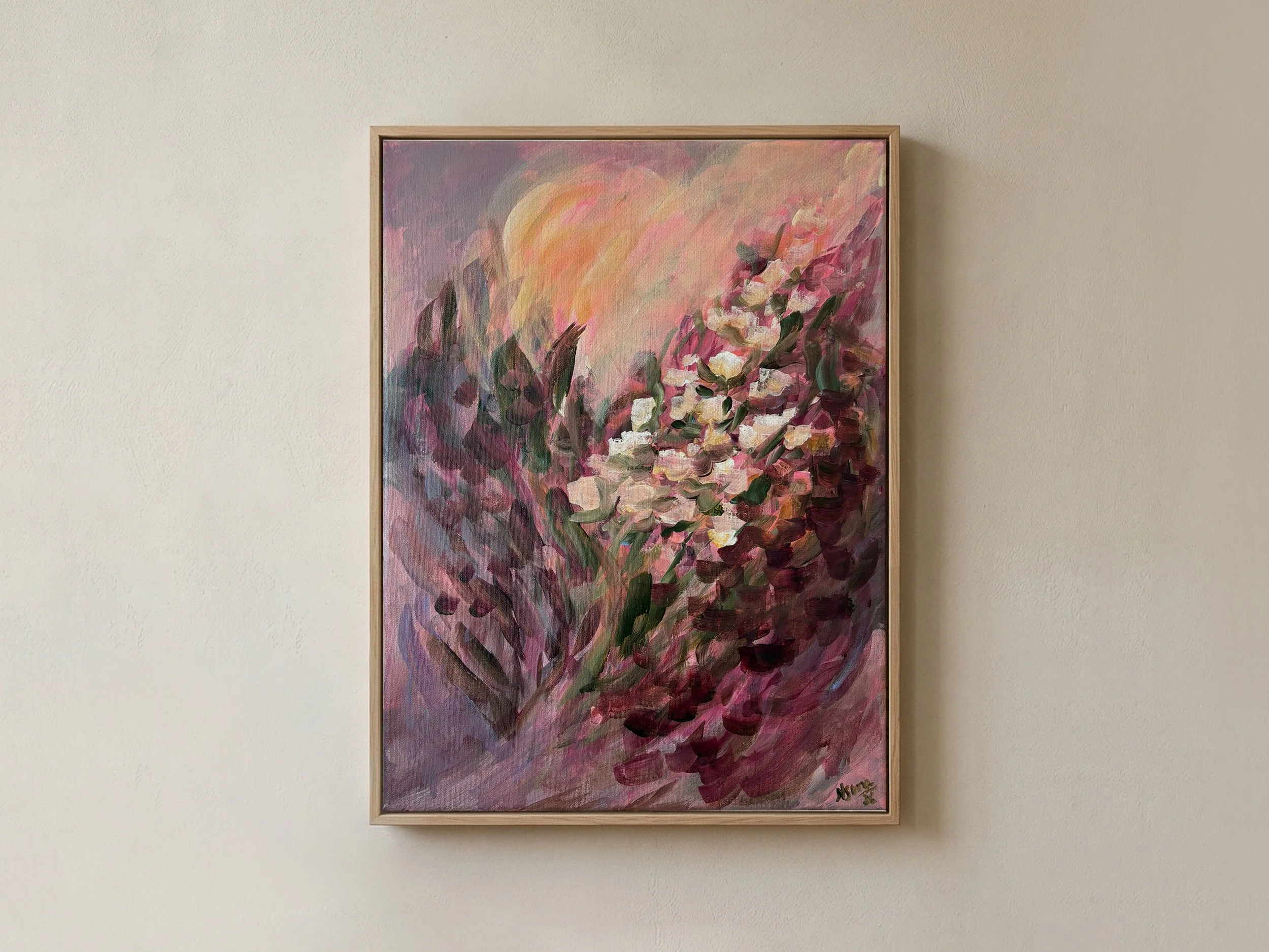 Betaalbare kunst Moderne kunst Interieur Wanddecoratie Unieke kunst Deventer kunstenaar Interieur tips Nieuwbouw Gezellige interieur VTWonen Bloemen moderne kunst roze schilderij floral painting modern