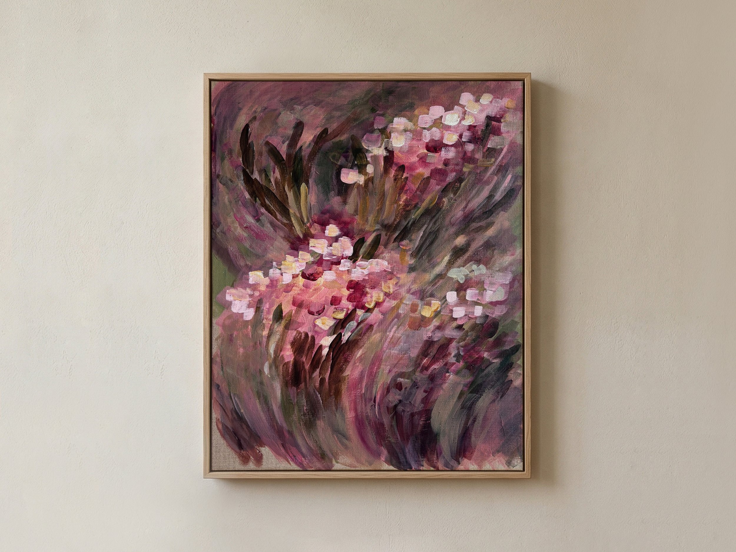 Betaalbare kunst Moderne kunst Interieur Wanddecoratie Unieke kunst Deventer kunstenaar Interieur tips Nieuwbouw Gezellige interieur VTWonen Bloemen moderne kunst roze schilderij floral painting modern
