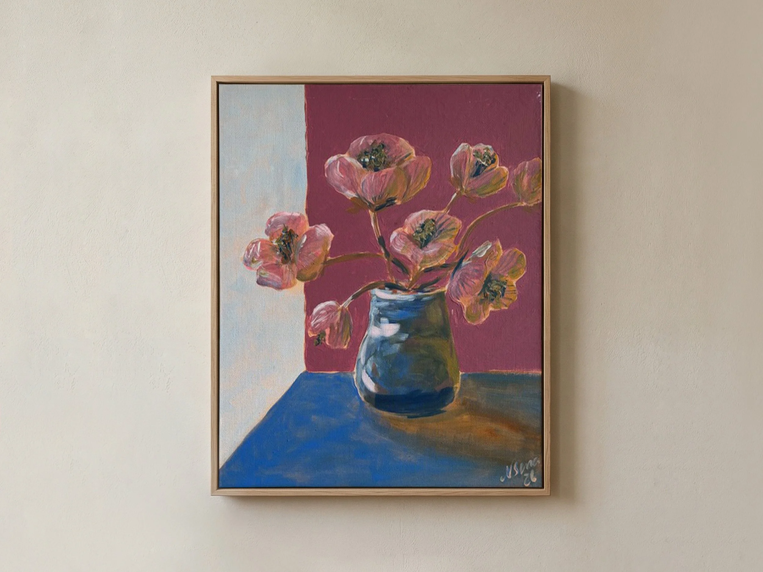 Betaalbare kunst Moderne kunst Interieur Wanddecoratie Unieke kunst Deventer kunstenaar Interieur tips Nieuwbouw Gezellige interieur VTWonen Bloemen moderne kunst roze schilderij floral painting modern