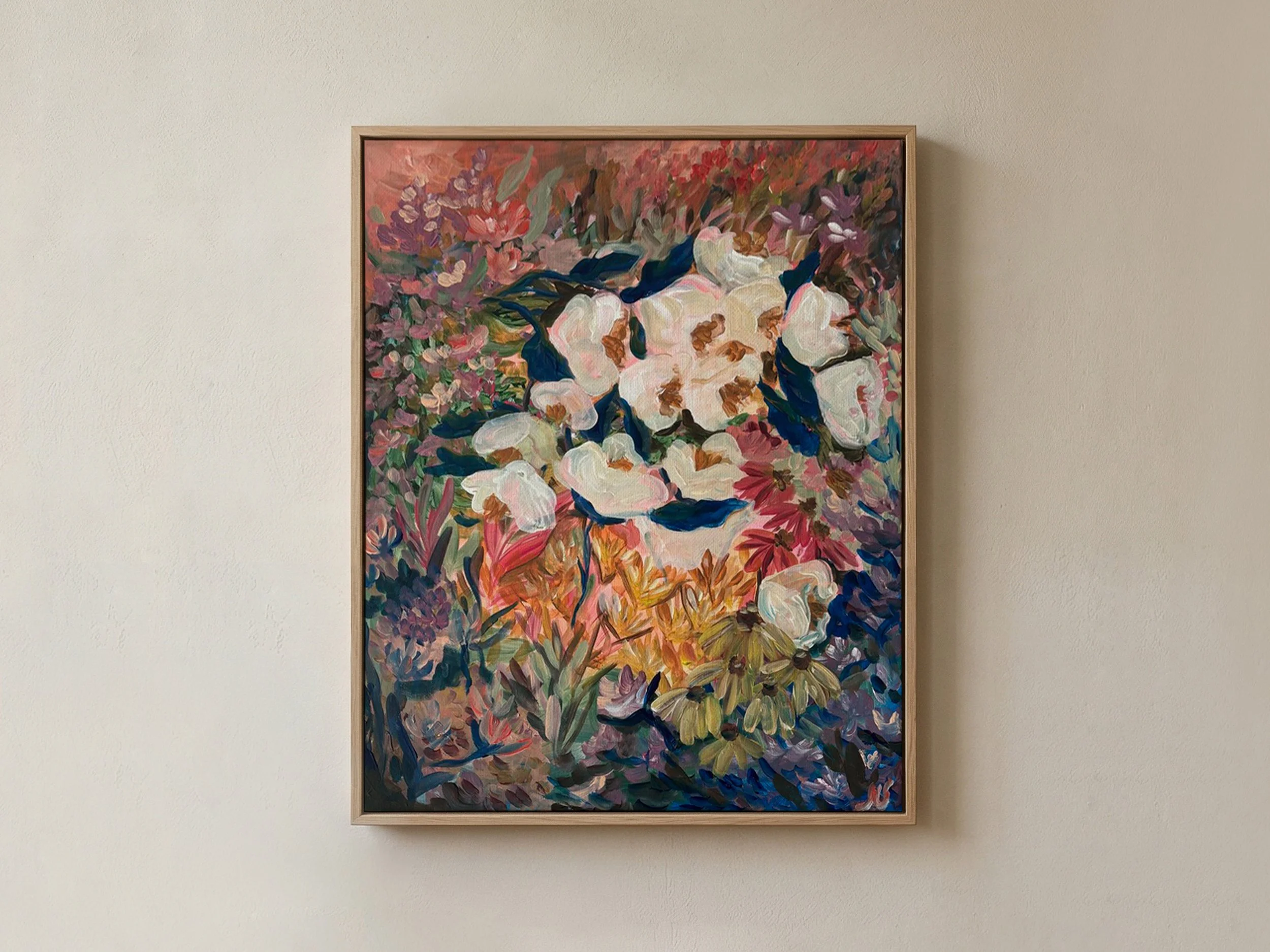 Betaalbare kunst Moderne kunst Interieur Wanddecoratie Unieke kunst Deventer kunstenaar Interieur tips Nieuwbouw Gezellige interieur VTWonen Bloemen moderne kunst roze schilderij floral painting modern
