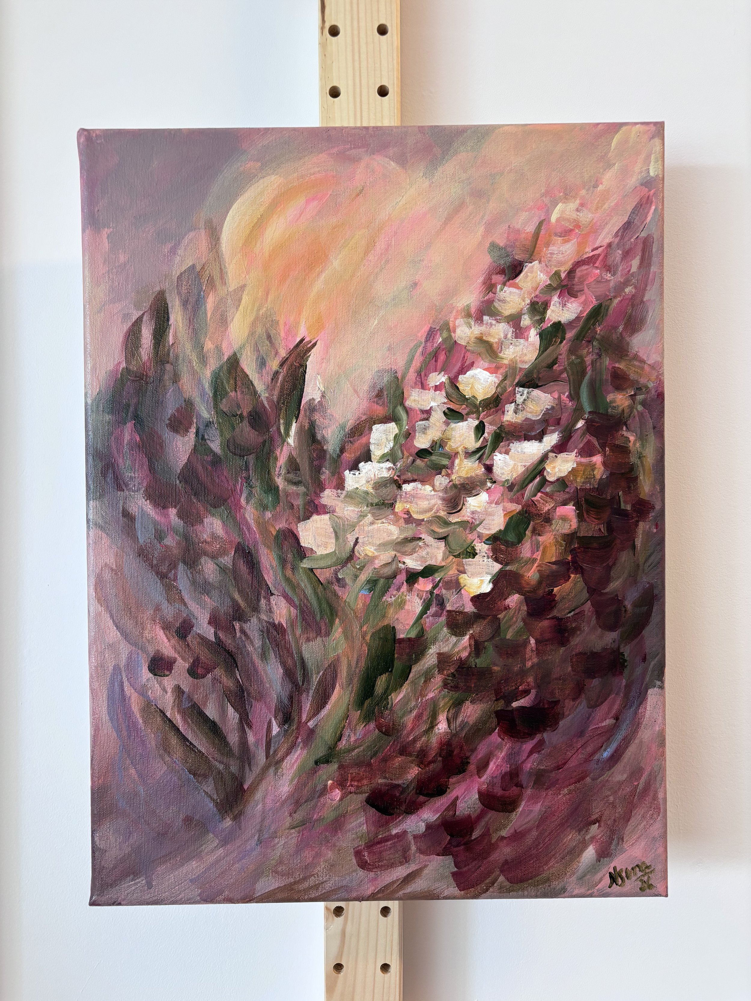 Betaalbare kunst Moderne kunst Interieur Wanddecoratie Unieke kunst Deventer kunstenaar Interieur tips Nieuwbouw Gezellige interieur VTWonen Bloemen moderne kunst roze schilderij floral painting modern