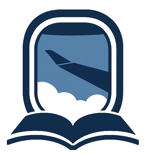 An airplane window with a view of the wing and clouds outside, with an open book in front of it.
