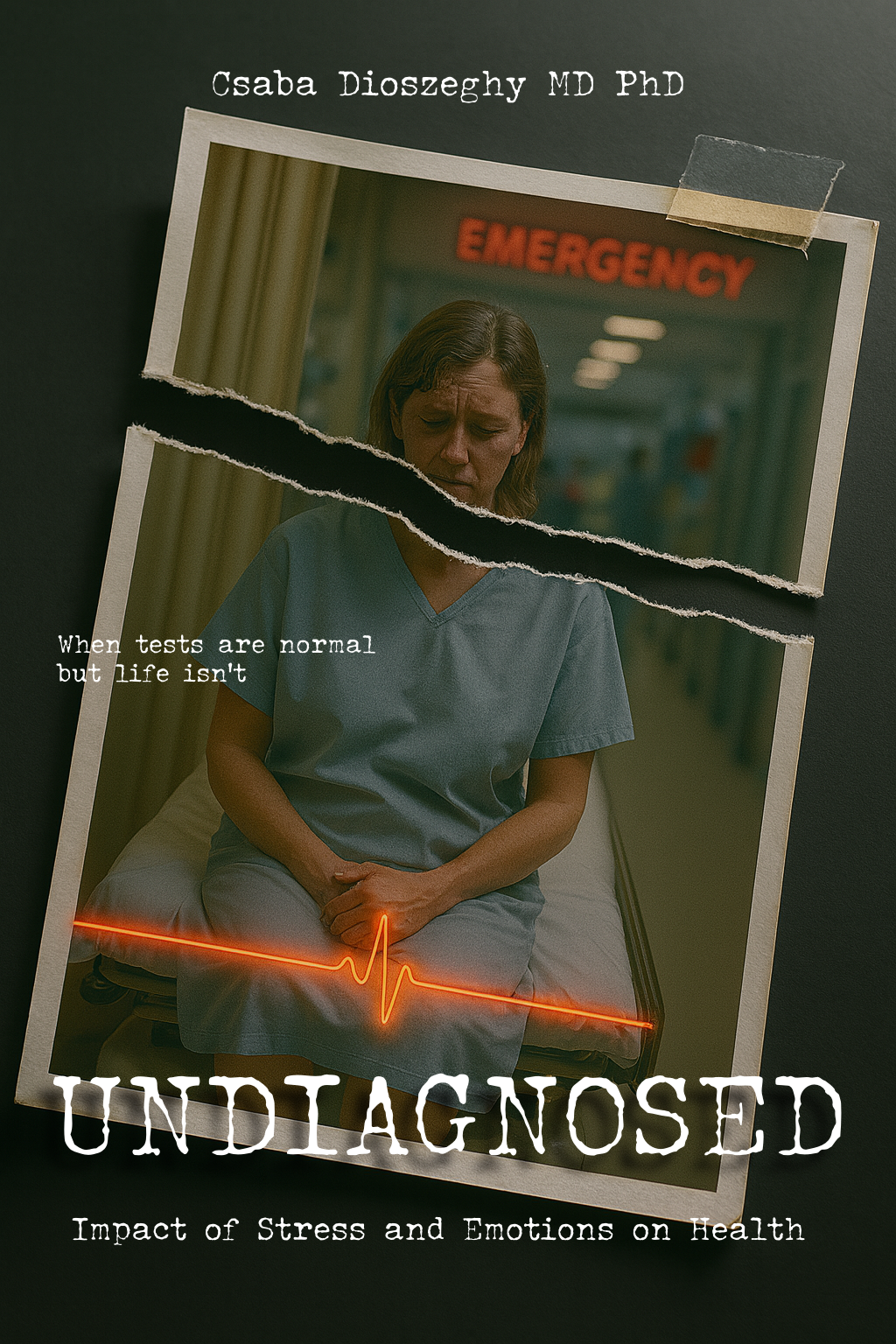 Book cover titled 'Undiagnosed' featuring a woman sitting on a hospital bed with her hand on her stomach, appearing distressed, with an emergency room background and an heart rate monitor graphic.