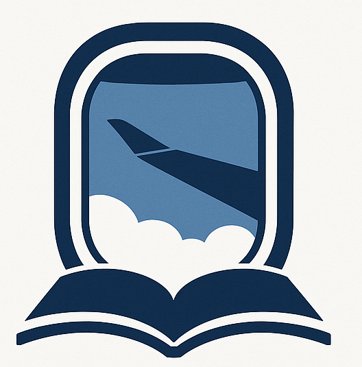 An airplane wing seen through an airplane window with an open book at the bottom.