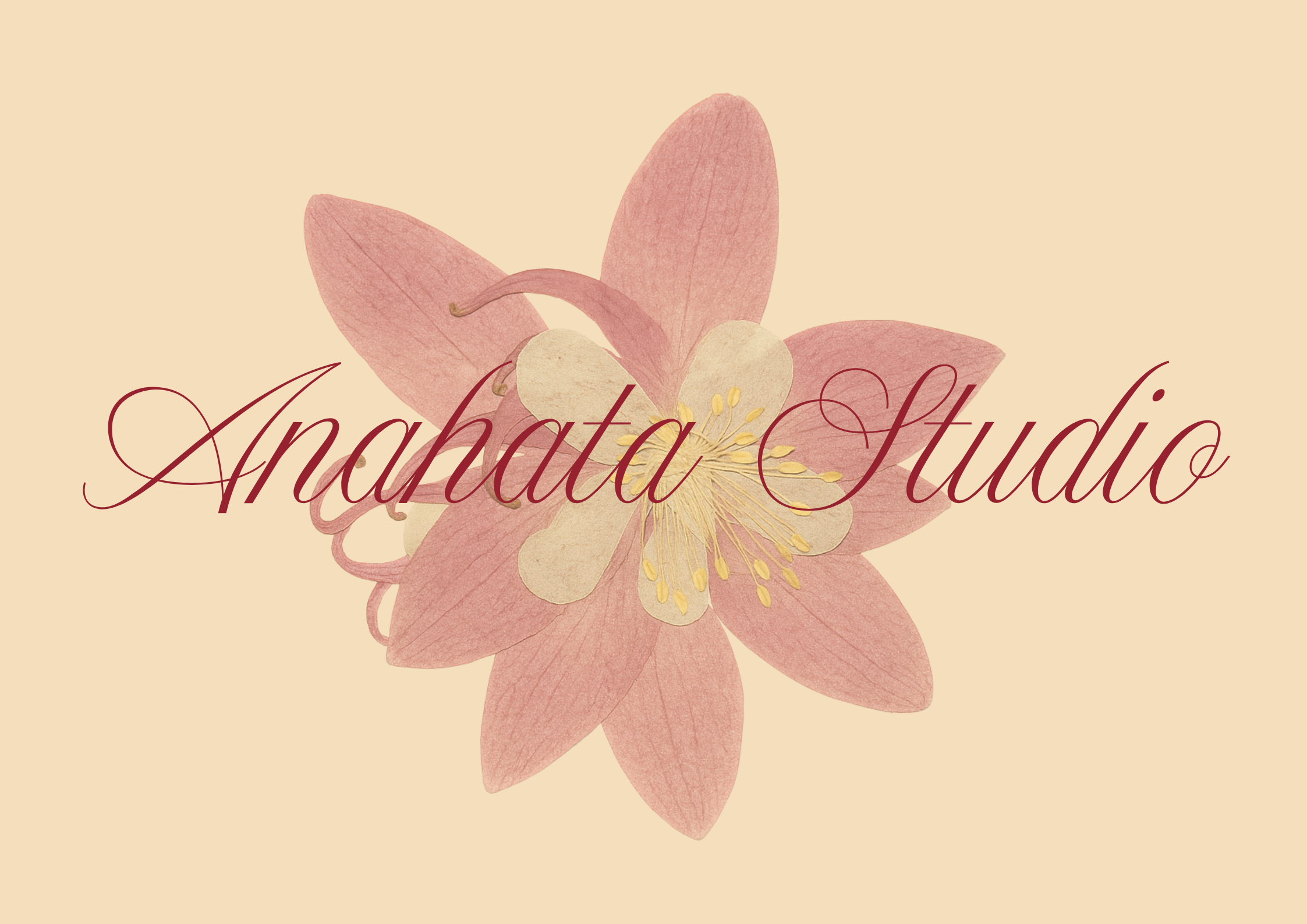 A pastel-colored digital illustration of a pink flower with the text 'Anahata Studio' written across it in elegant, cursive font.