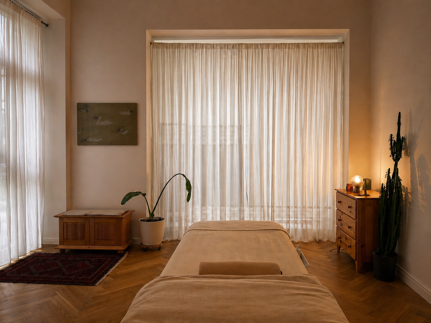 Bright massage room with large window covered by sheer curtains, wooden furniture including a small chest and dresser, potted plants, and a bed with beige bedding.