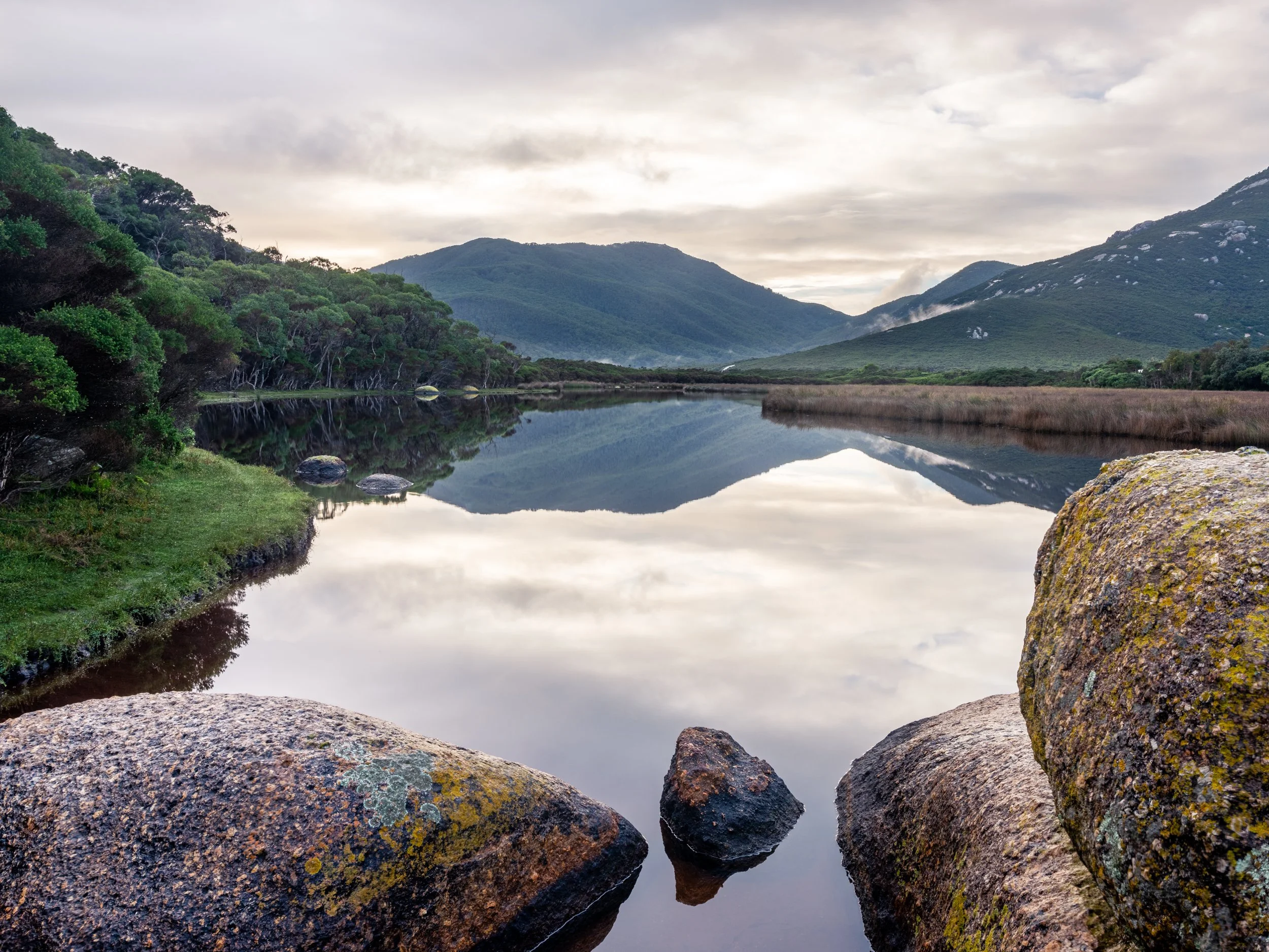 Calm river with rocks in foreground, green trees on left, grassy banks, and mountains in the background under cloudy sky, reflection on water