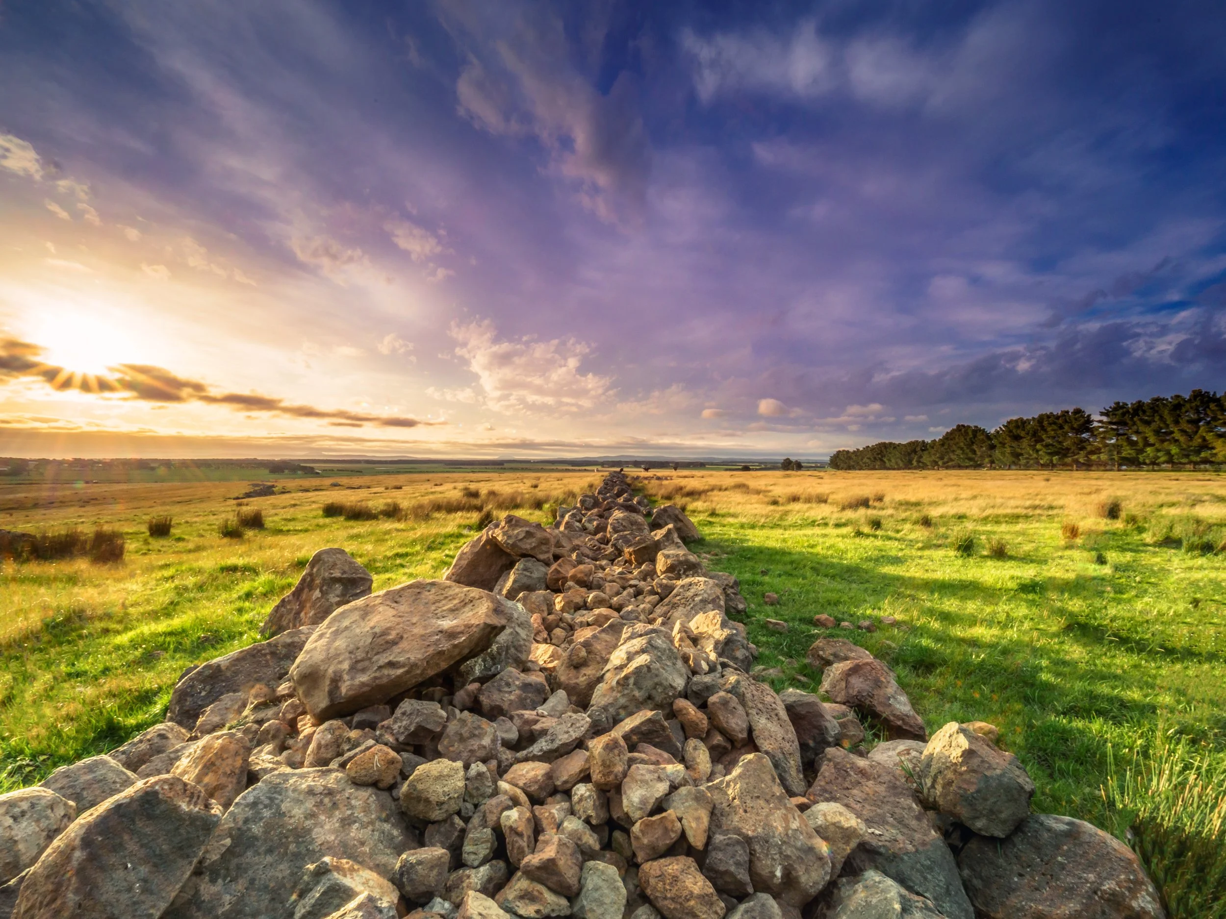 A stone wall running through a grassy field at sunset with a partly cloudy sky and trees in the distance.