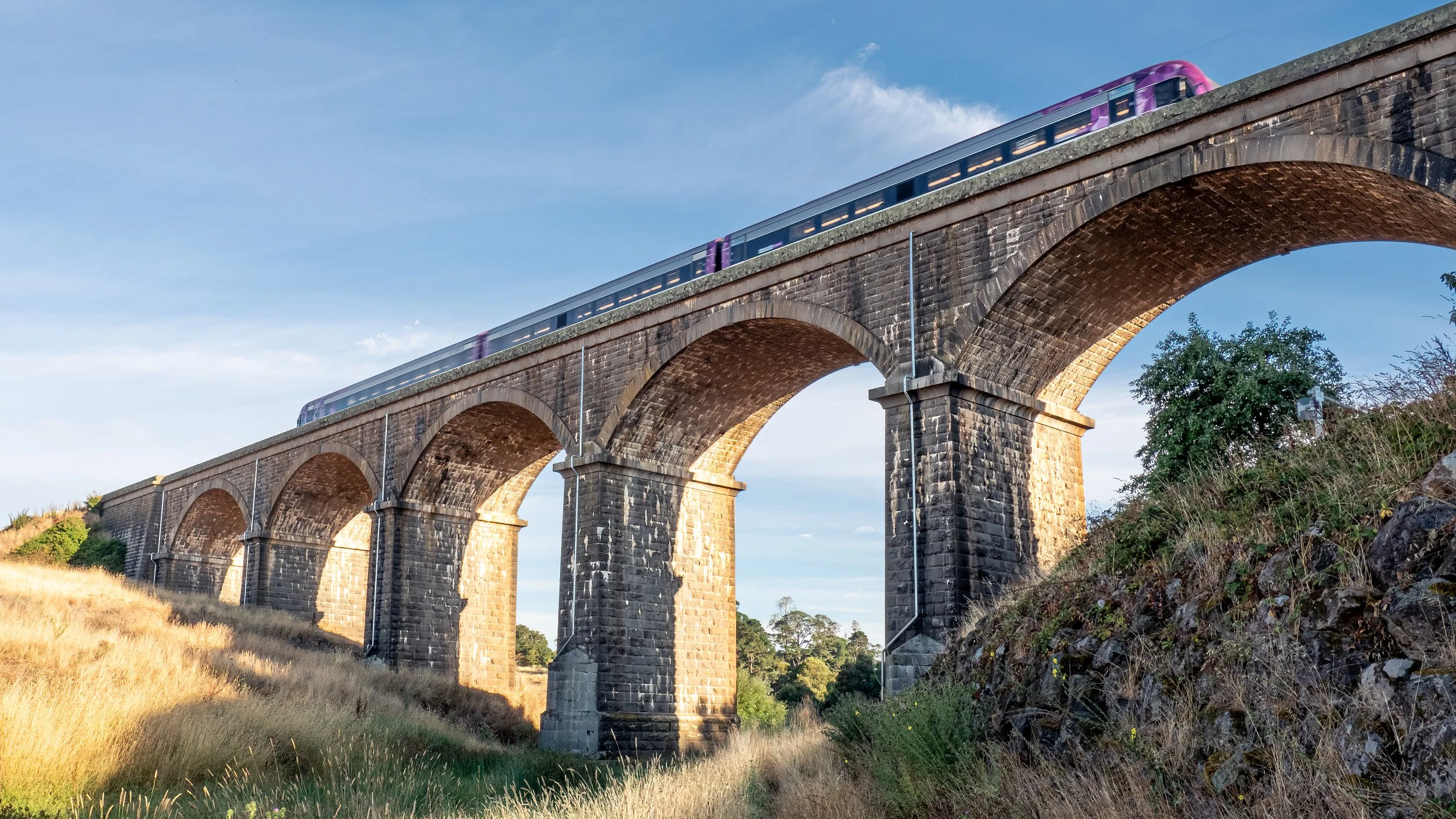 A long stone train bridge with multiple arches, carrying a purple and silver train across a rural landscape under a blue sky.