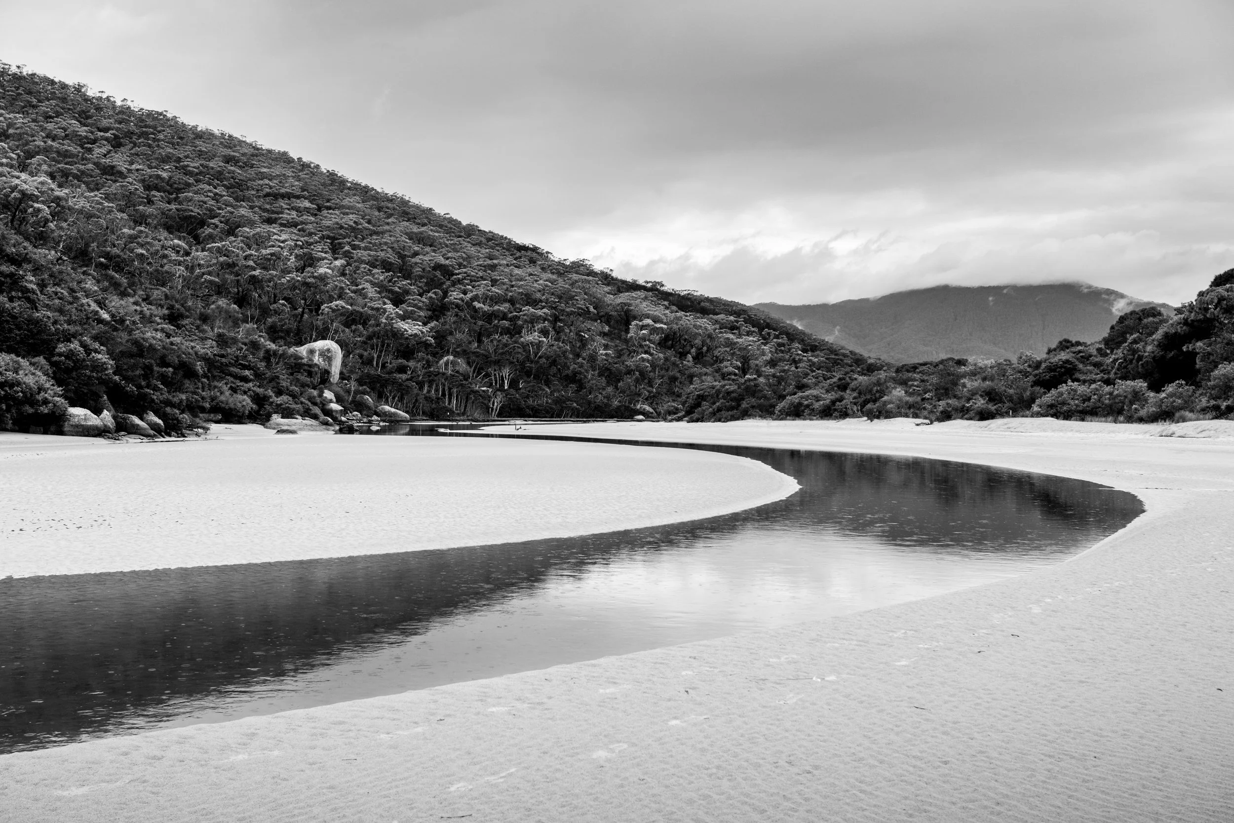 Black and white photo of a river winding through a sandy beach, surrounded by lush forested hills and mountains in the background.
