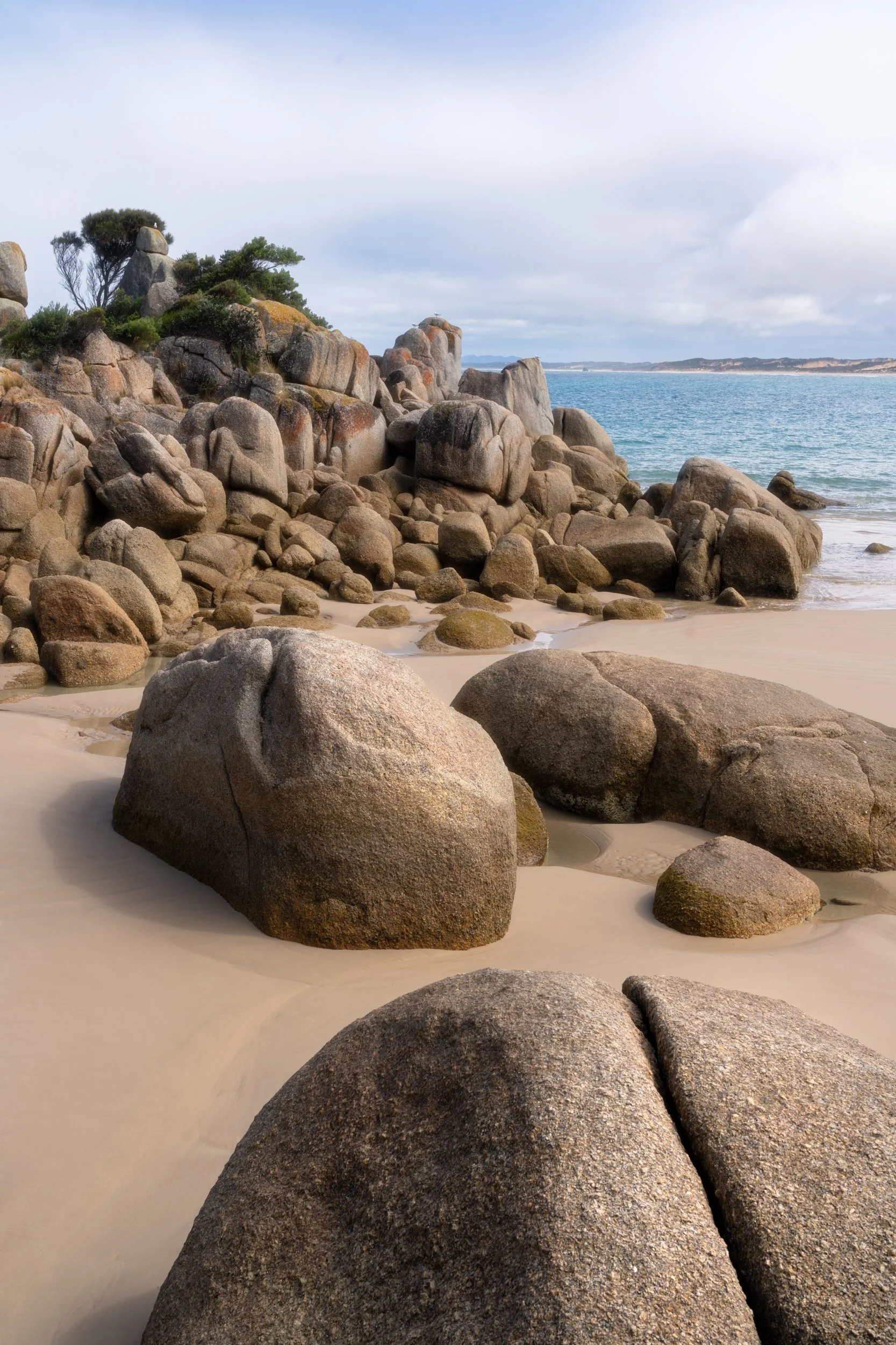 Rocky beach with large boulders on sand, green shrubs on rocks, ocean with waves, and cloudy sky in the background.