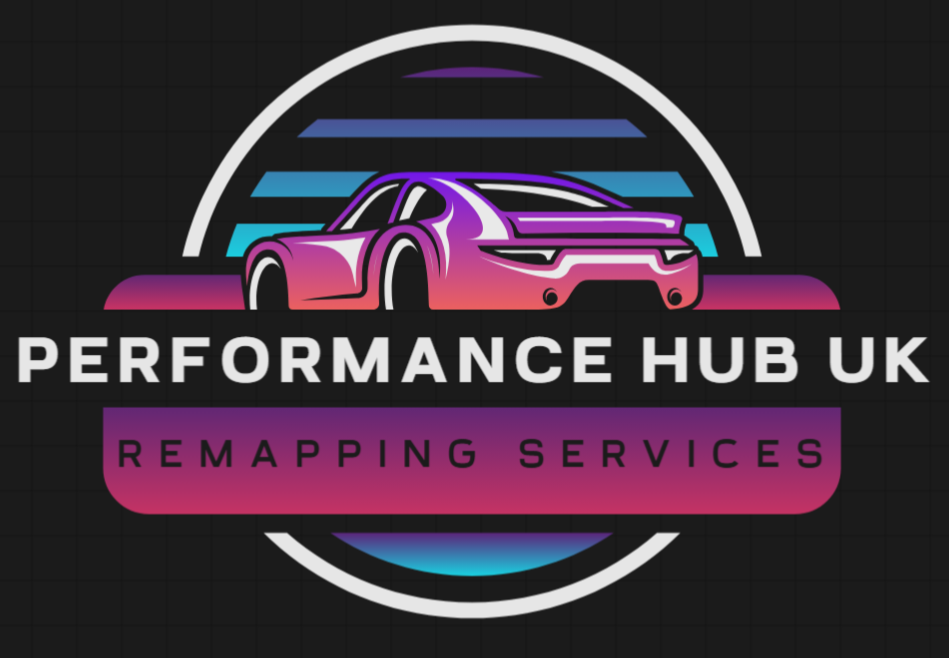 A neon-style logo with a purple and pink sports car in front of a colorful, stylized rainbow background. The text reads 'Performance Hub UK' with a banner below it that says 'Remapping Services.'