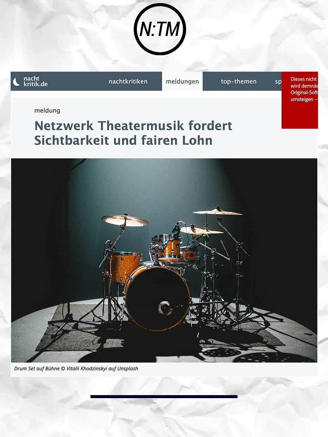 #ntm 
NACHTKRITIK.

die redaktion von @nachtkritik hat eine meldung zu unserem offenen BRIEF ver&ouml;ffentlicht.

die gezeigten inhalte stammen von: https://nachtkritik.de/meldungen/netzwerk-theatermusik-fordert-sichtbarkeit-und-fairen-lohn

hier gi