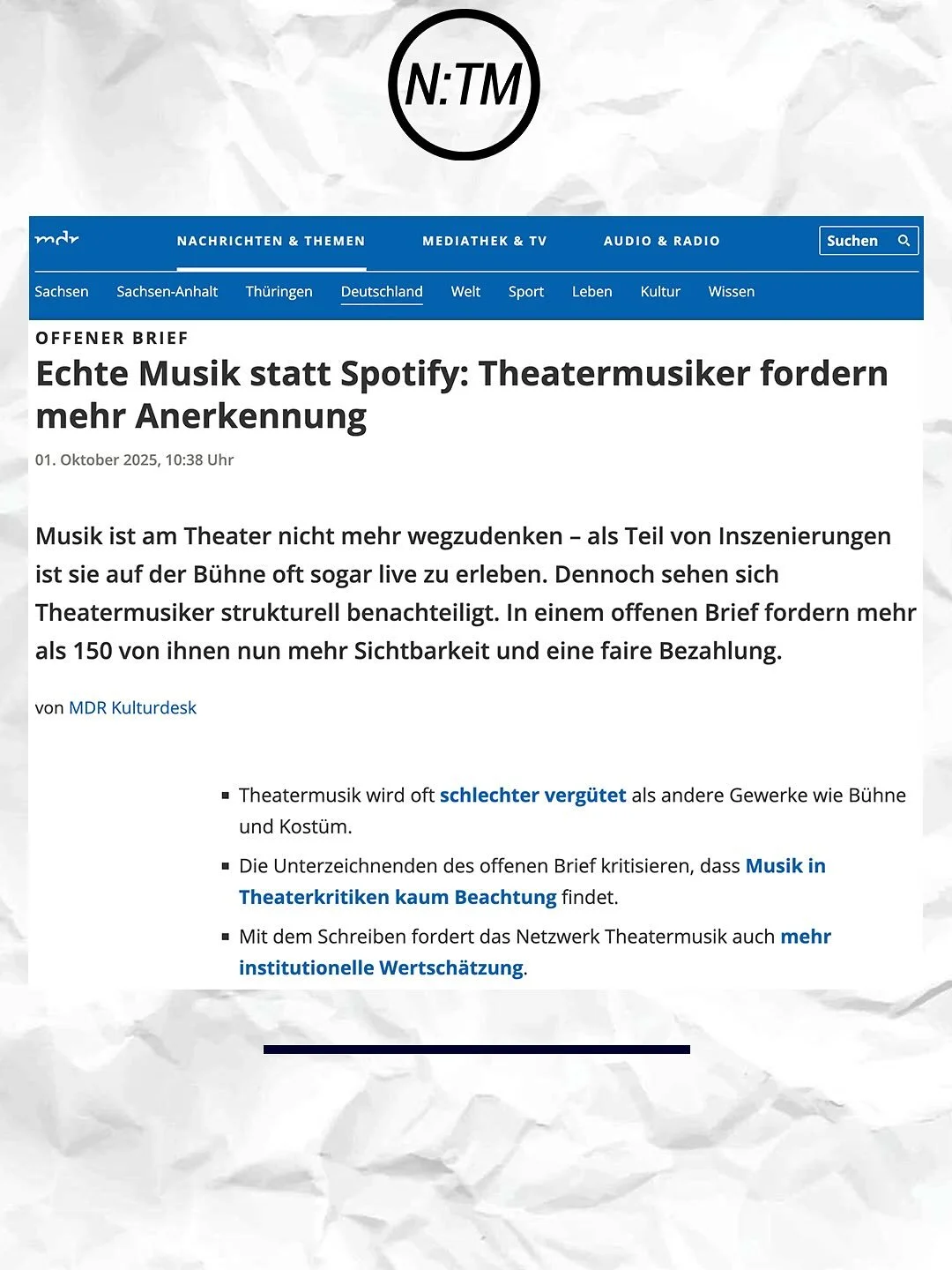 #ntm 
MDR-KULTUR.

@personagalore und @moritz_fasbender haben dem @mdr_mitteldeutscherrundfunk zwei interviews zu unserem offenen BRIEF gegeben.
dar&uuml;ber hat der MDR so berichtet. 

den vollst&auml;ndigen artikel und das interview mit @moritz_fas