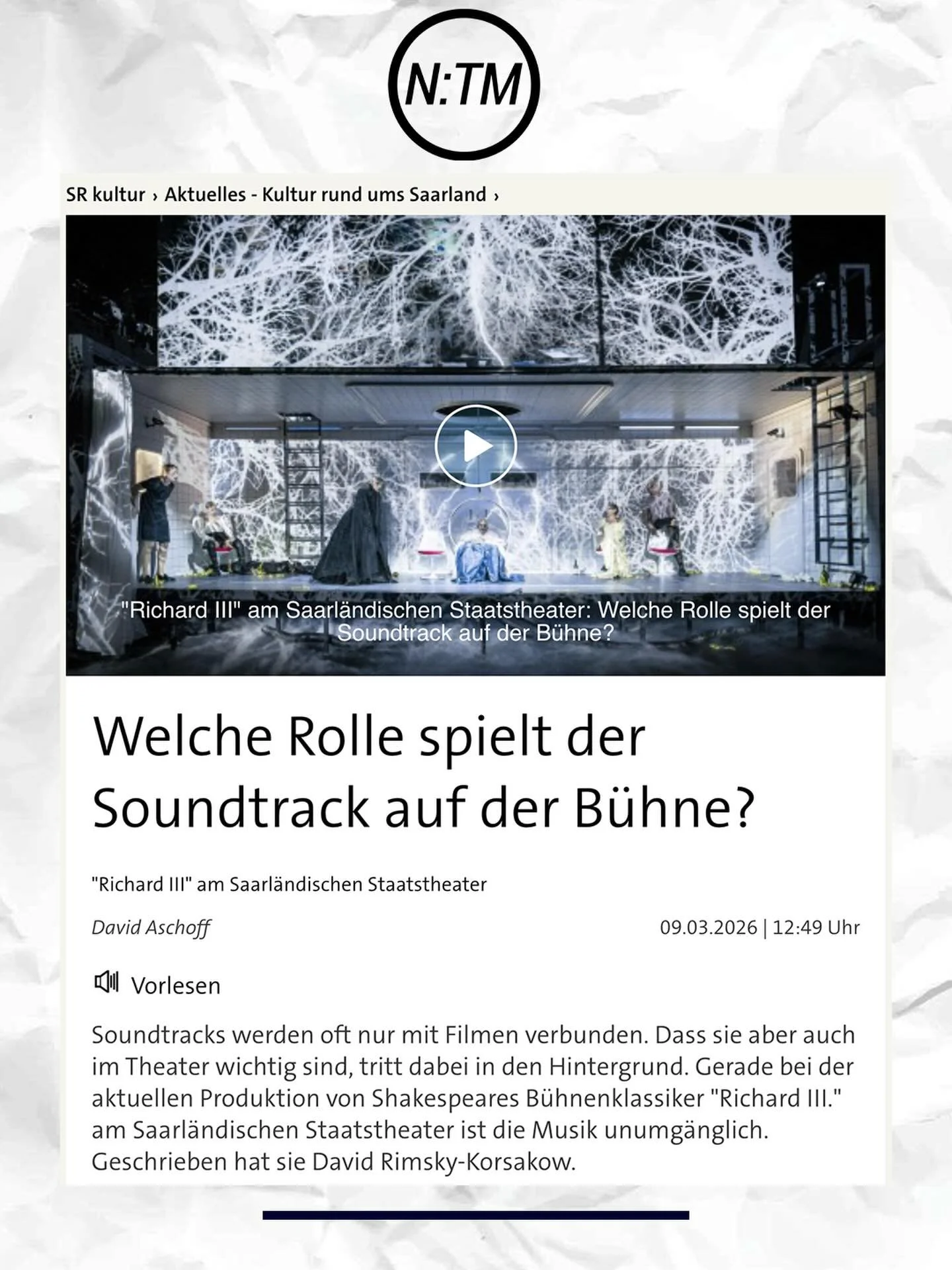 SAARL&Auml;NDISCHER RUNDFUNK. 
@srkultur berichtete &uuml;ber theatermusik, gagengef&auml;lle und arbeitsbedingungen. 
@rimsky_korsakow und #lauralinnenbaum haben mit @davidaschoff im SAARL&Auml;NDISCHEN RUNDFUNK gesprochen.

@netzwerktheatermusik

d