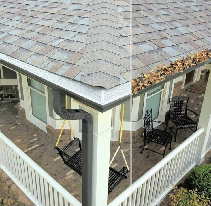 Comparison photo of house roof with new shingles on left and fallen leaves on right