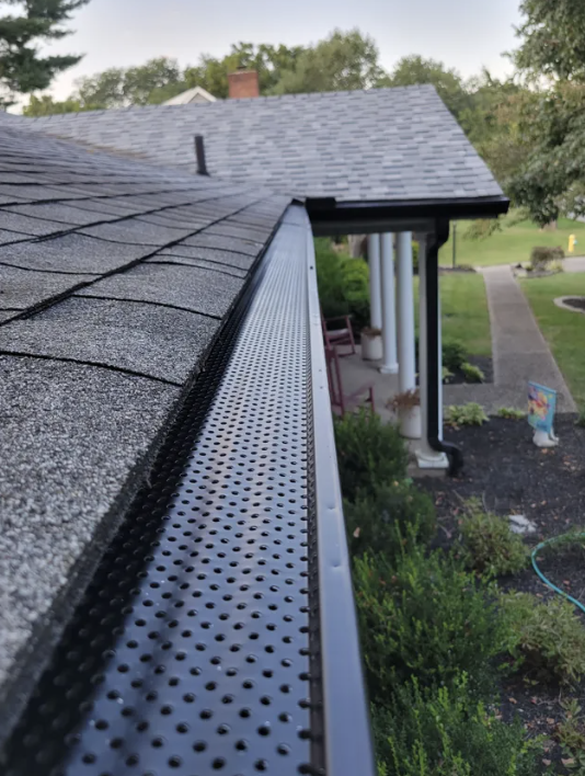 Close-up of a black perforated metal gutter guard on a house roof with gray shingles, overlooking a garden and porch area.