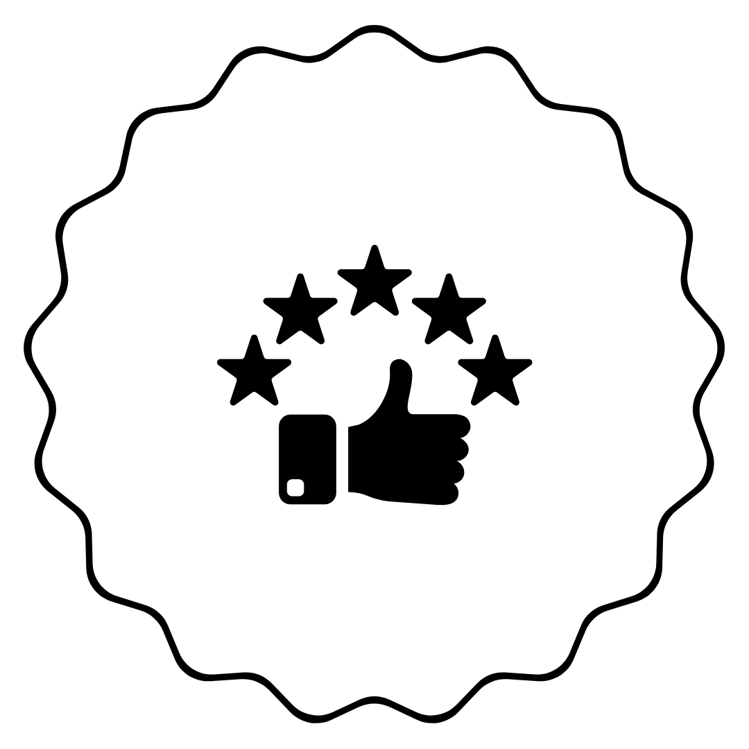 A badge with five stars surrounding a thumbs-up icon, indicating positive review or approval.