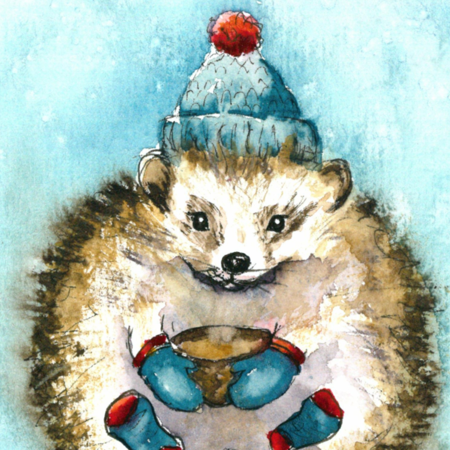 Winterigel mit Handschuhen und Mütze