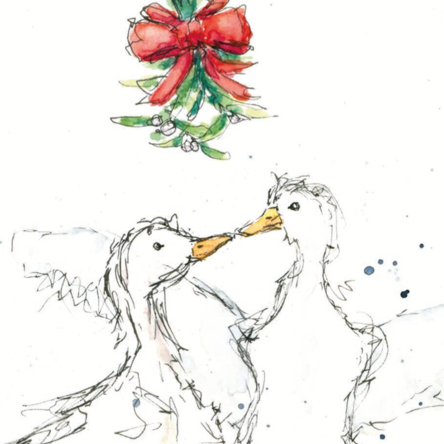 Weihnachtsgänse unter Mistelzweig im Schnee