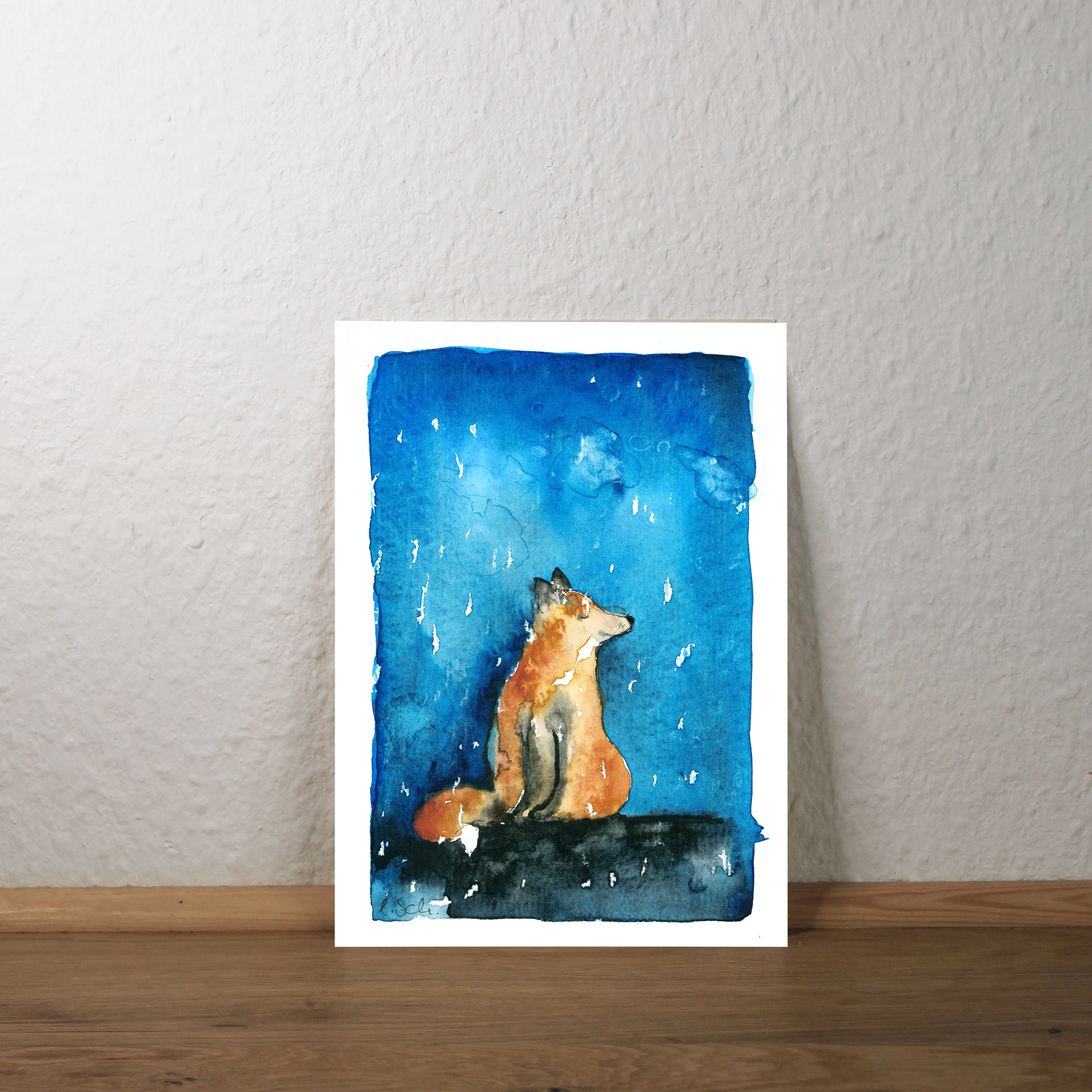 Postkarte mit Illustration von einem Fuchs im Schnee