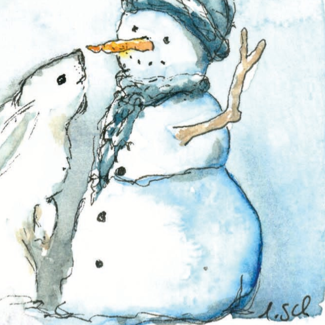 Nahaufnahme Kunstdruck Schneemann und Hase im Winter