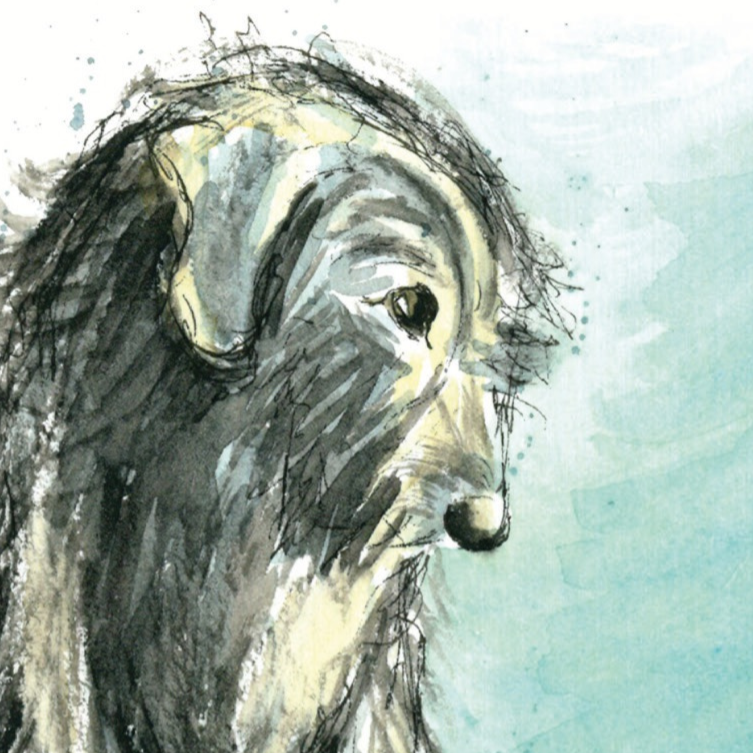 Windhund auf Aquarellpapier als Postkarte zu Weihnachten
