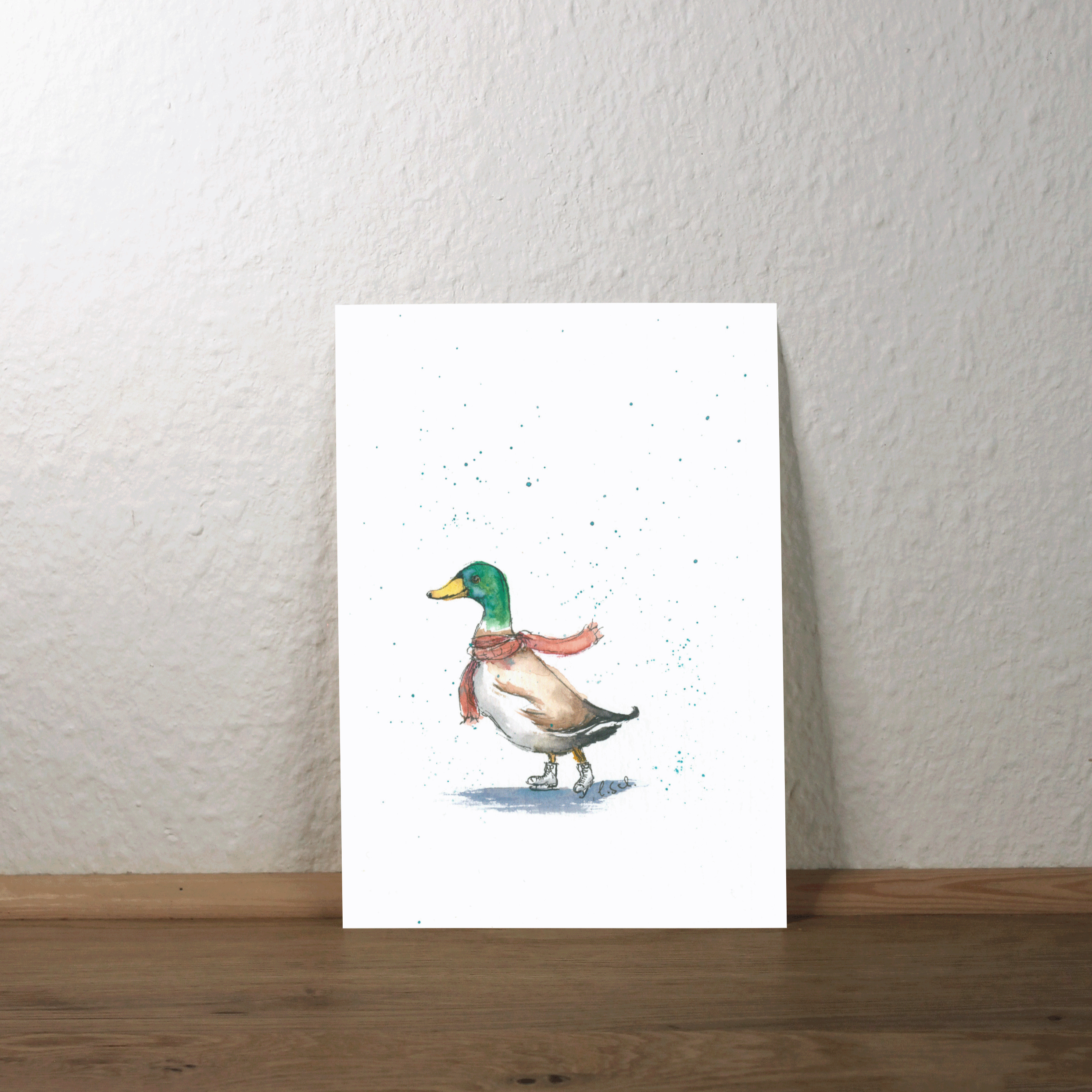 Postkarte mit Ente, die Schlittschuh läuft