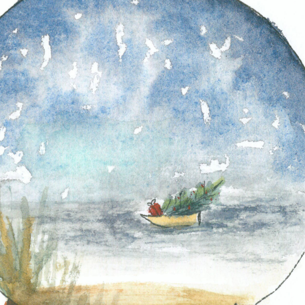 Illustration von Mann auf Boot mit Tannenbaum