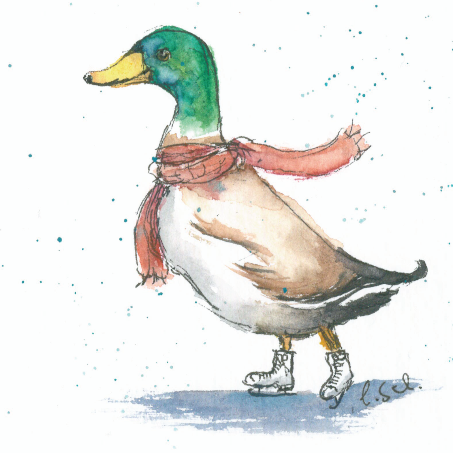 Ente auf Schlittschuhen und Schal im Winter