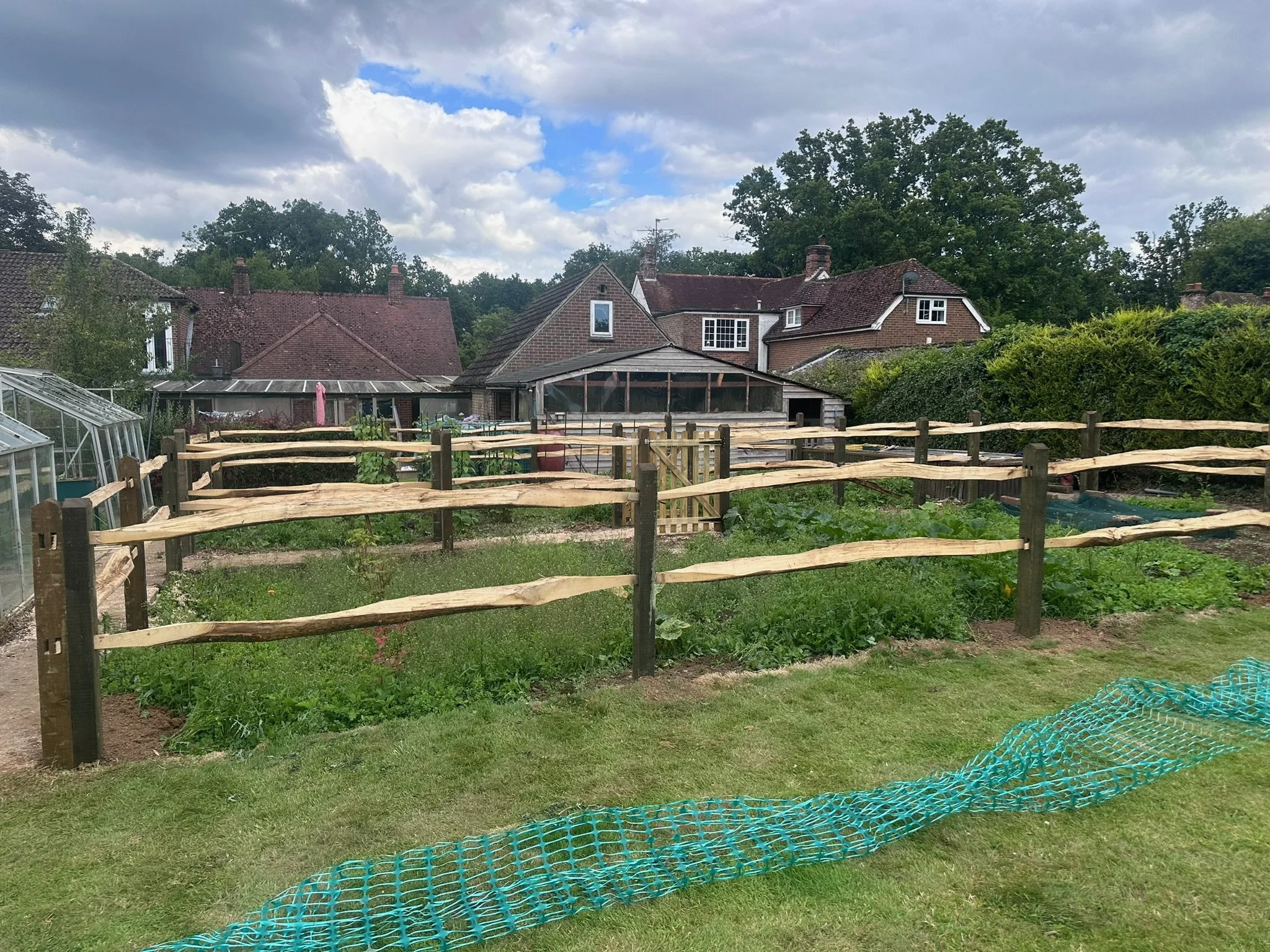 A backyard garden with a wooden fence, green plants, and a greenhouse. In the background, there are houses with red roofs and a cloudy sky.