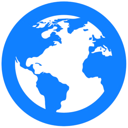 A simplified black and blue illustration of the Earth showing the continents.
